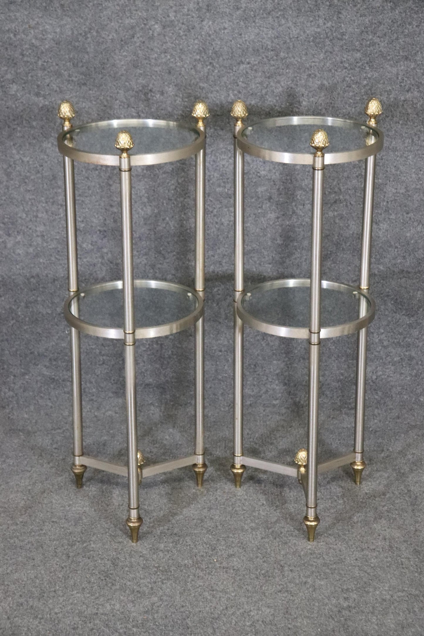 Rare Pair Maison Style Cylindrical Metal Brass Glass Two Tier End Tables