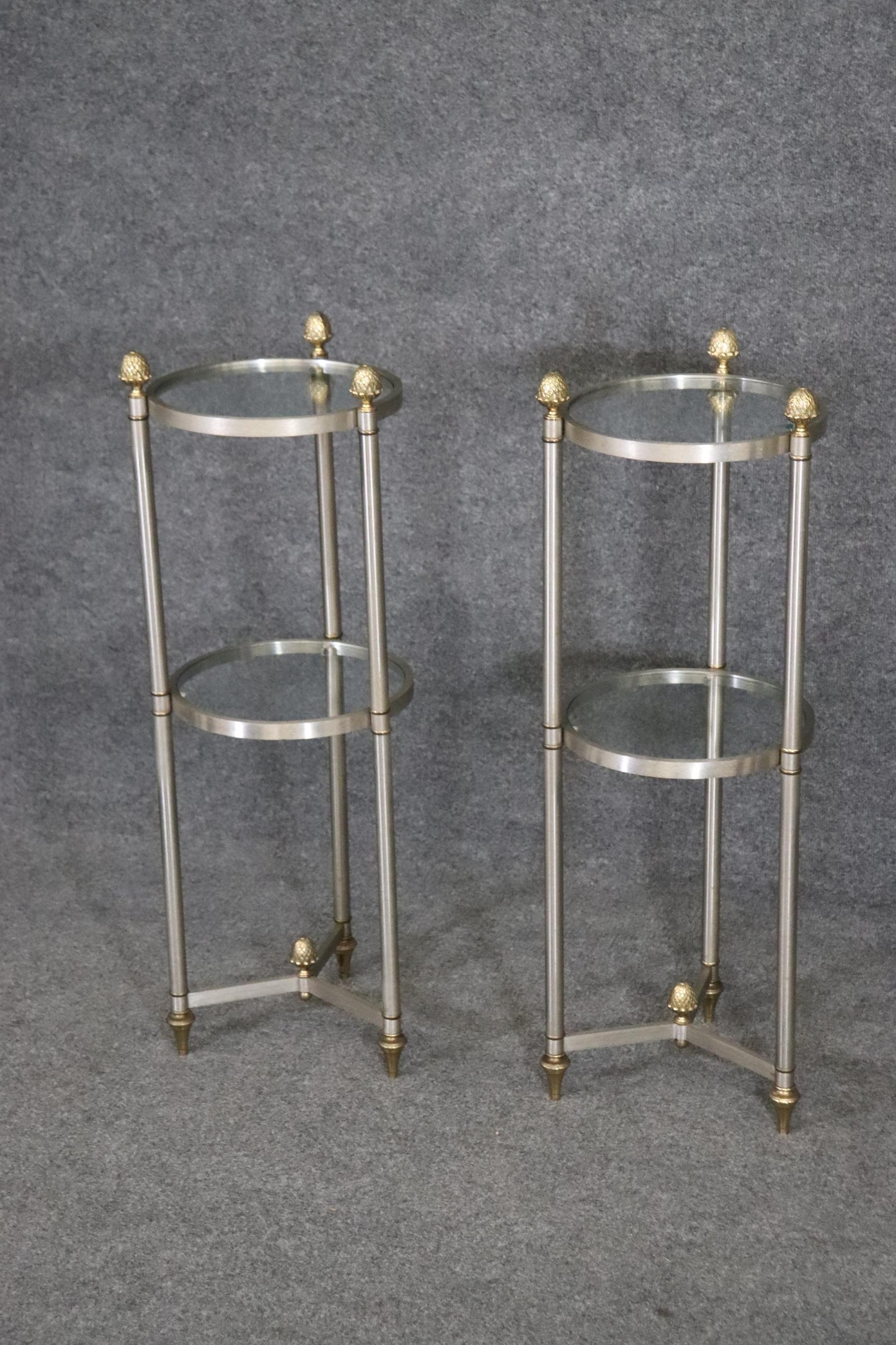 Rare Pair Maison Style Cylindrical Metal Brass Glass Two Tier End Tables