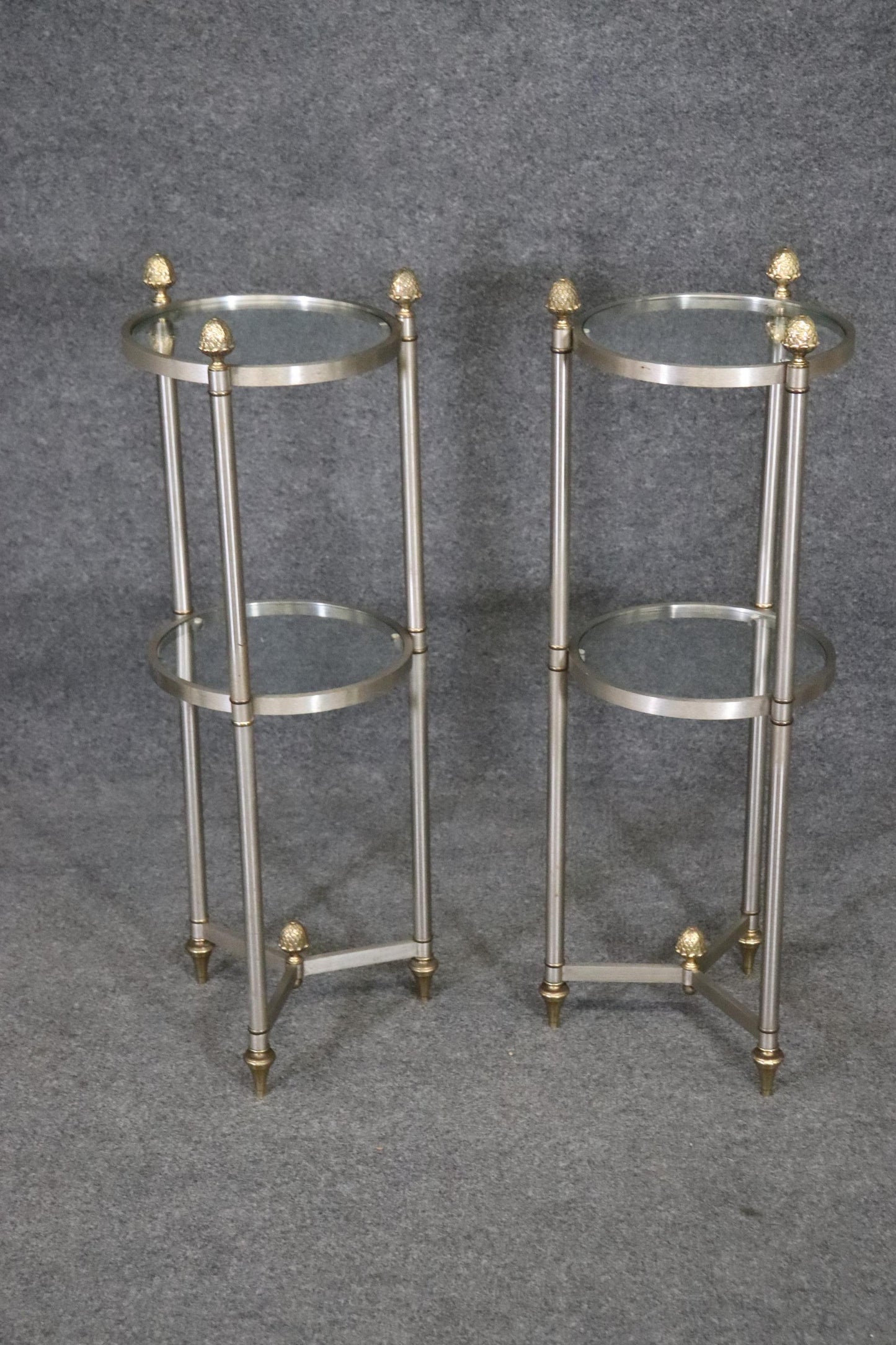 Rare Pair Maison Style Cylindrical Metal Brass Glass Two Tier End Tables