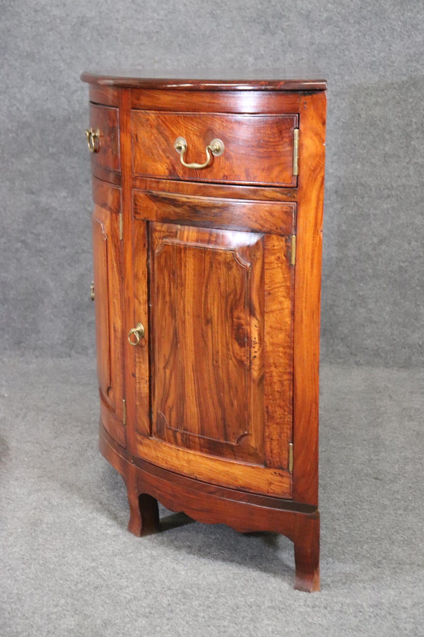 Unique Figured Teak Hand-Made Sheraton Style Demilune Buffet Commode