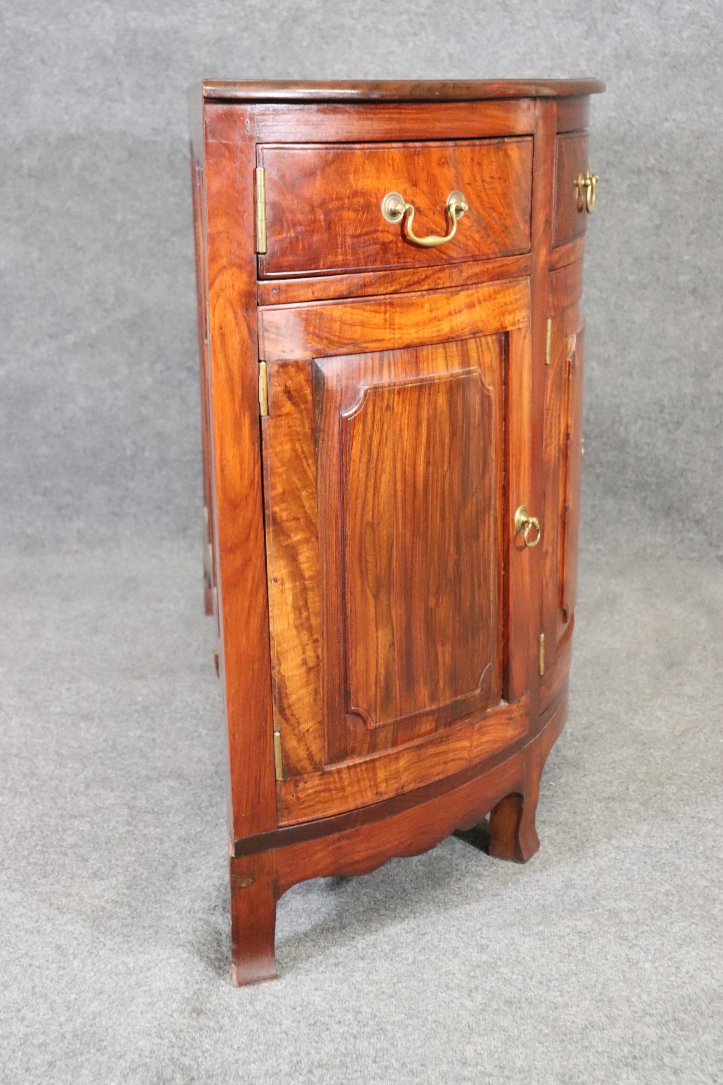 Unique Figured Teak Hand-Made Sheraton Style Demilune Buffet Commode