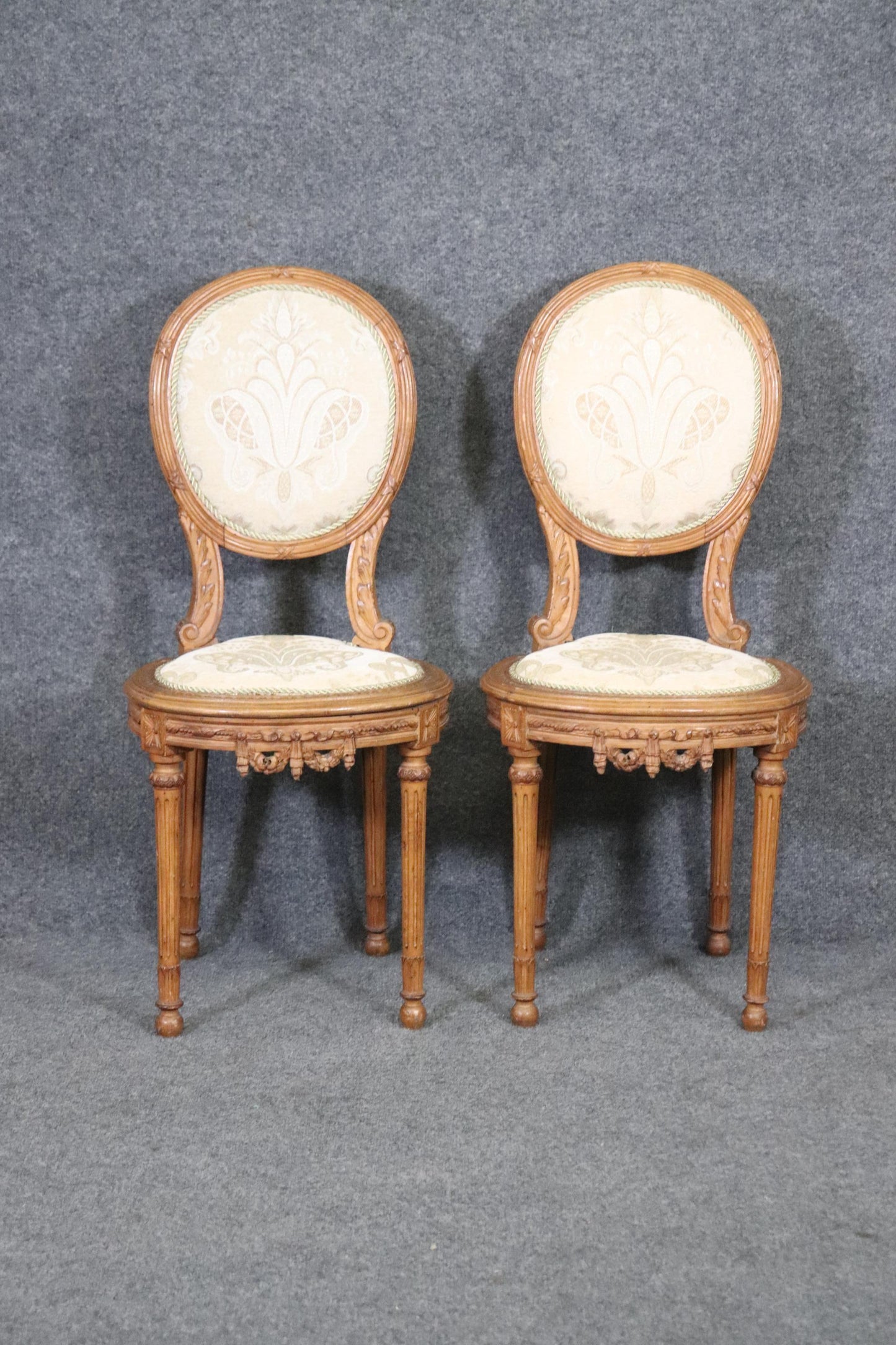 Fine Carved Pair French Louis XVI Style Cameo Back Side Chairs, Circa 1940