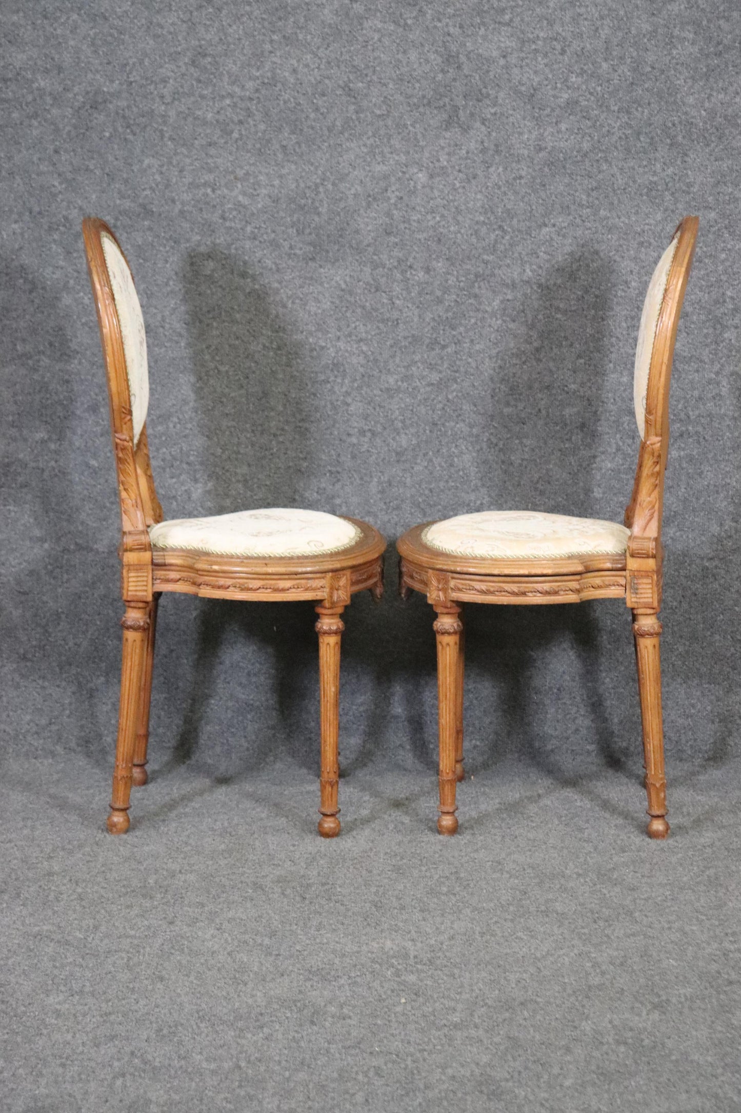 Fine Carved Pair French Louis XVI Style Cameo Back Side Chairs, Circa 1940