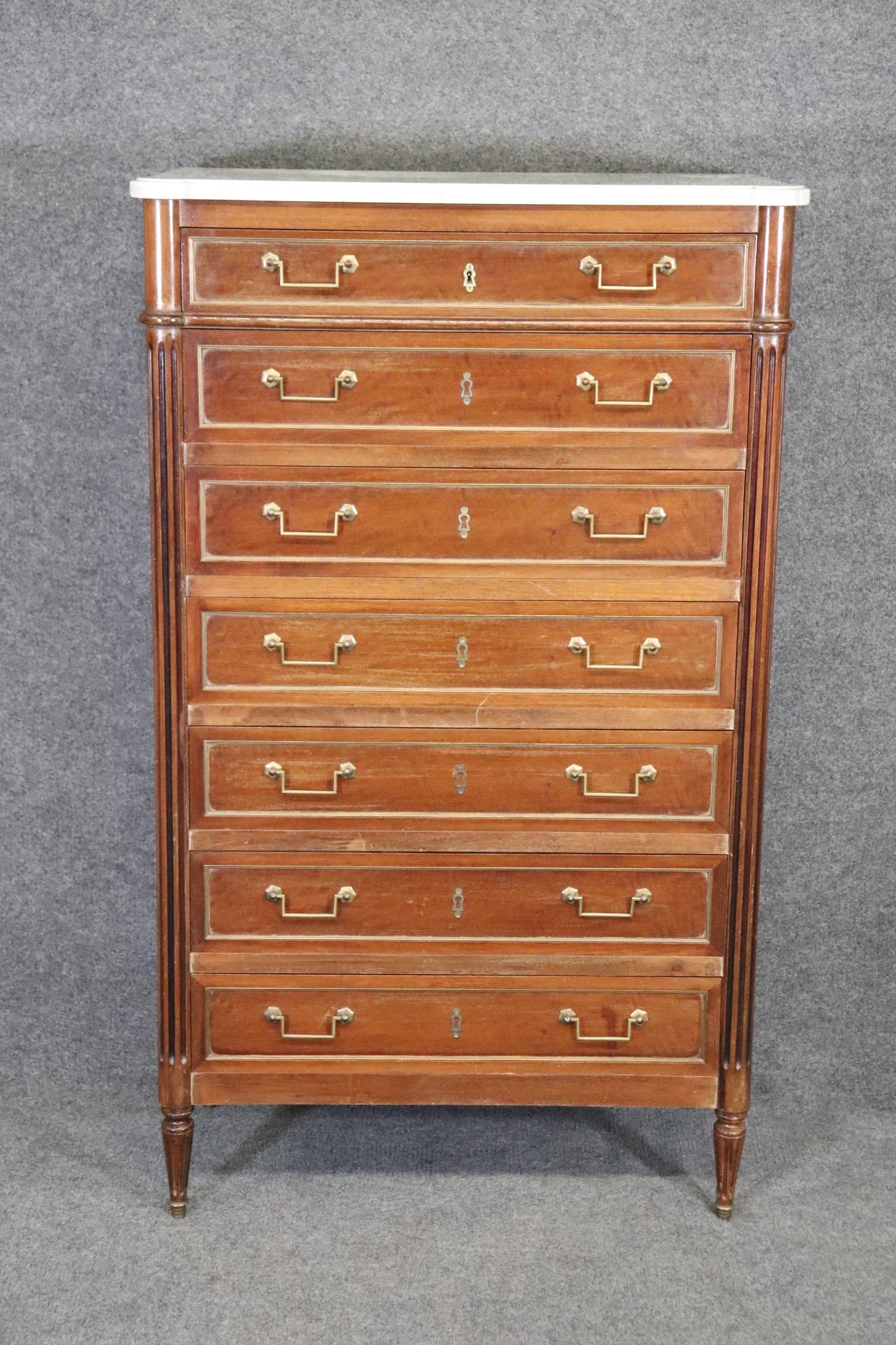 Fine Quaity Walnut French Louis XVI Directoire Brass Trimmed Marble Top Dresser