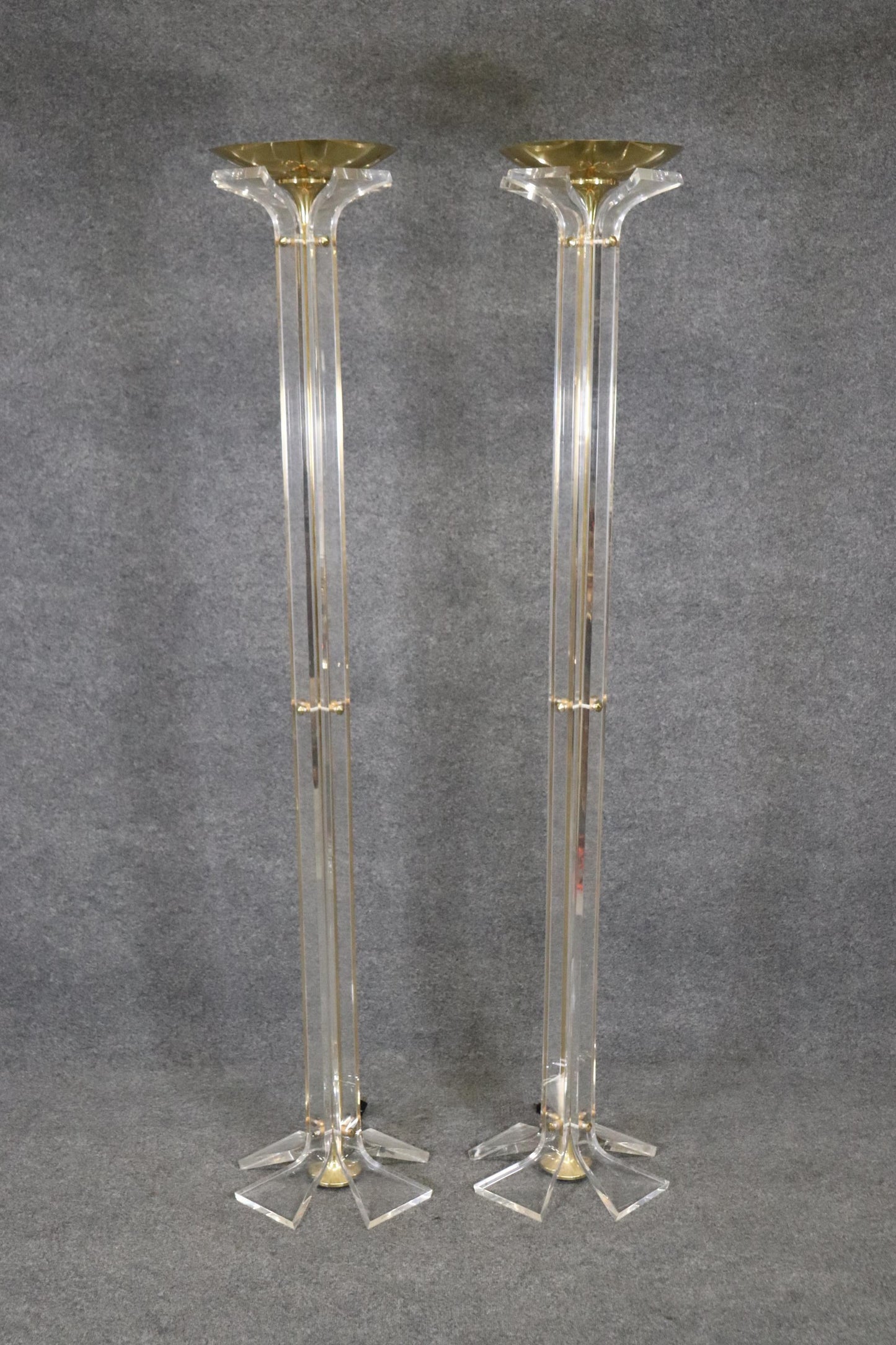 Pair Tall Hollywood Regency Lucite and Brass Floor Lamps Manner Hollis Jones