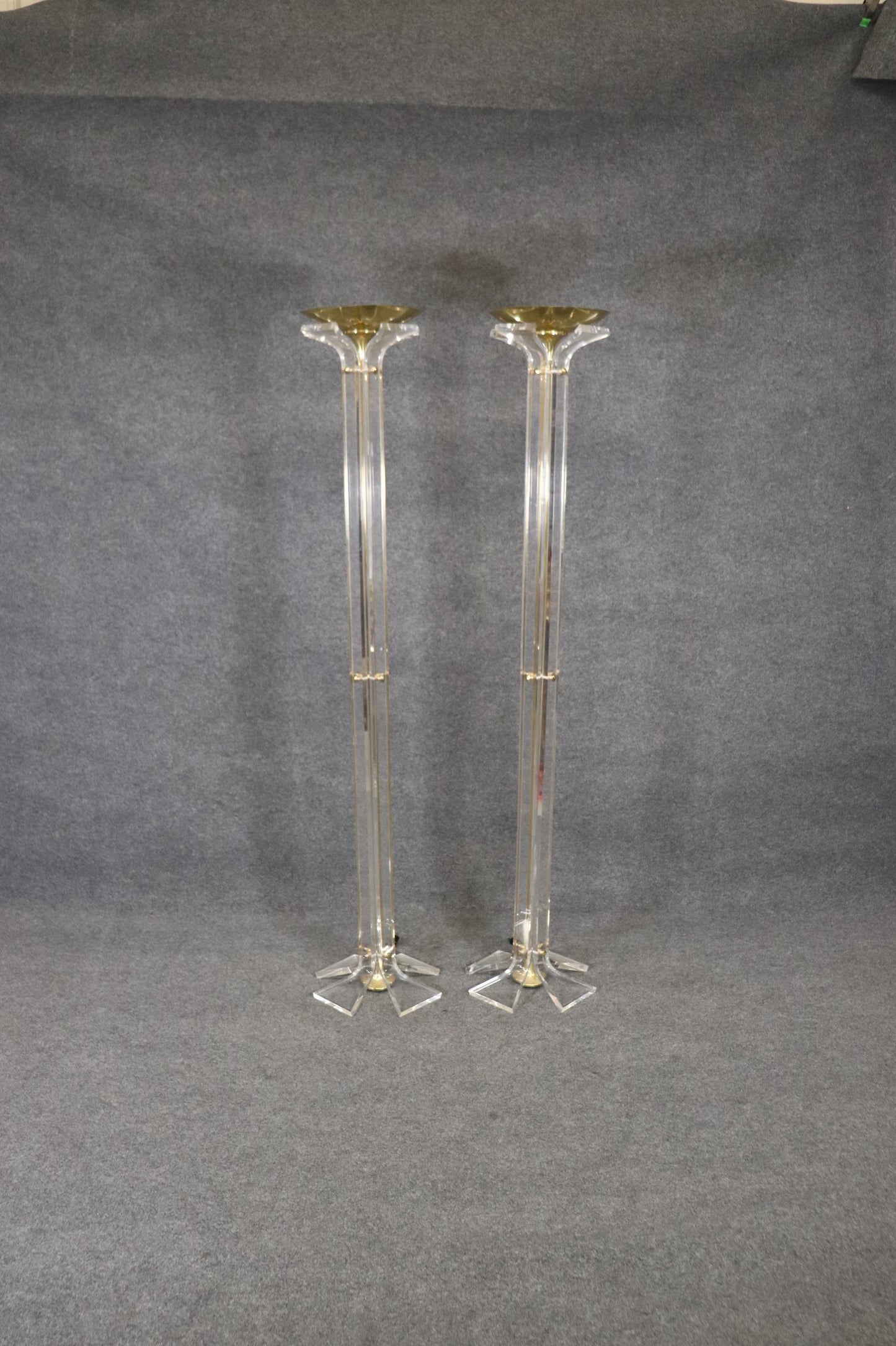 Pair Tall Hollywood Regency Lucite and Brass Floor Lamps Manner Hollis Jones