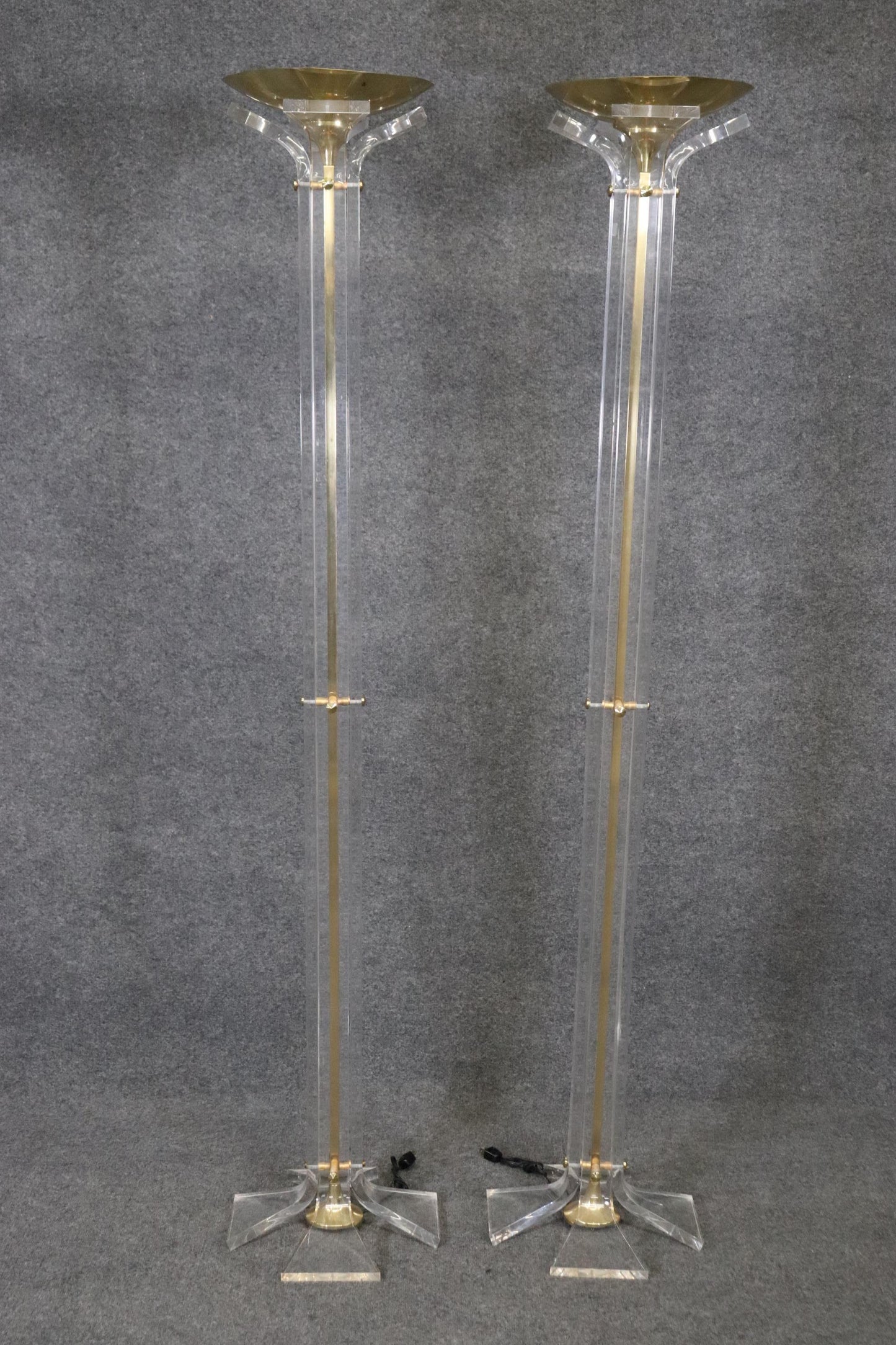 Pair Tall Hollywood Regency Lucite and Brass Floor Lamps Manner Hollis Jones