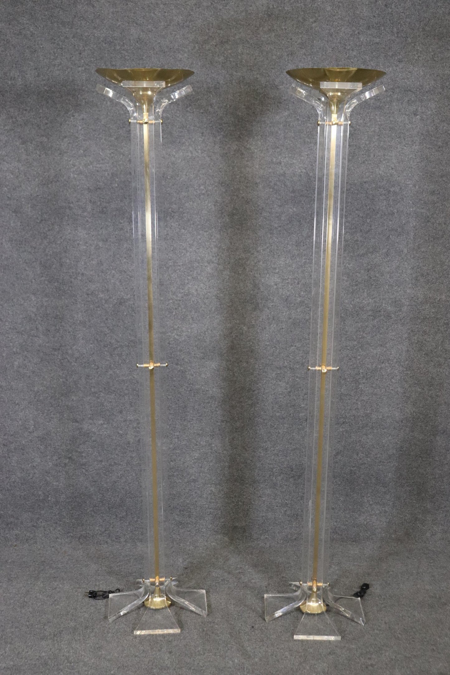 Pair Tall Hollywood Regency Lucite and Brass Floor Lamps Manner Hollis Jones