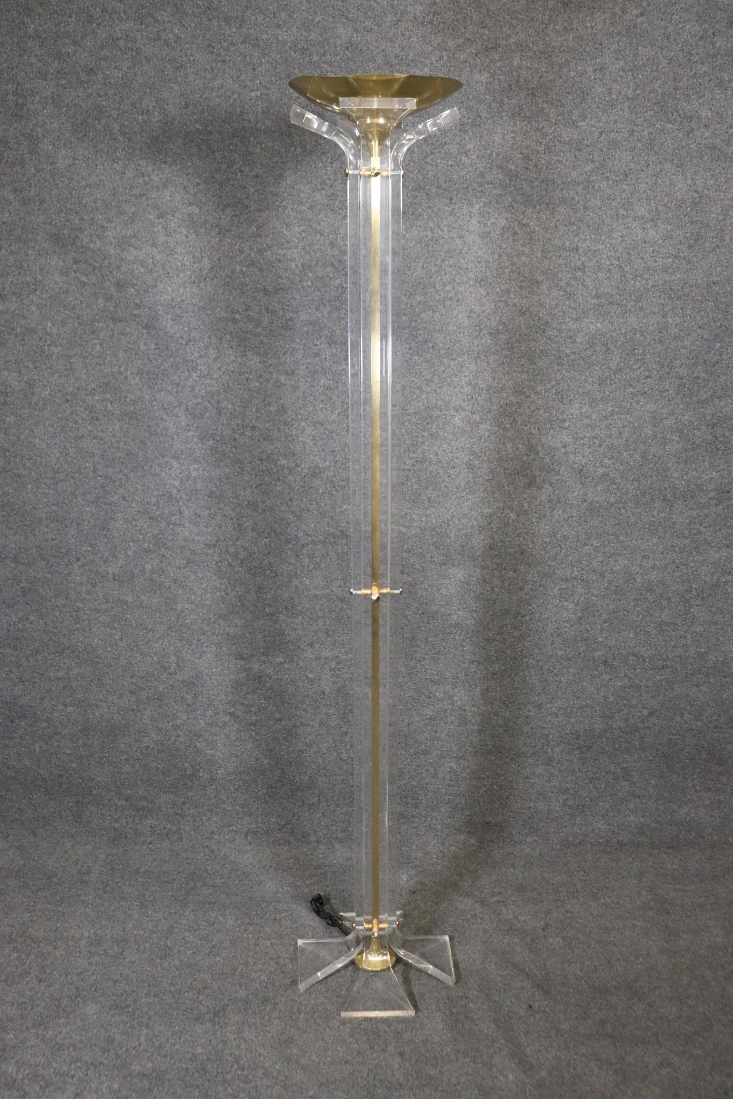 Pair Tall Hollywood Regency Lucite and Brass Floor Lamps Manner Hollis Jones