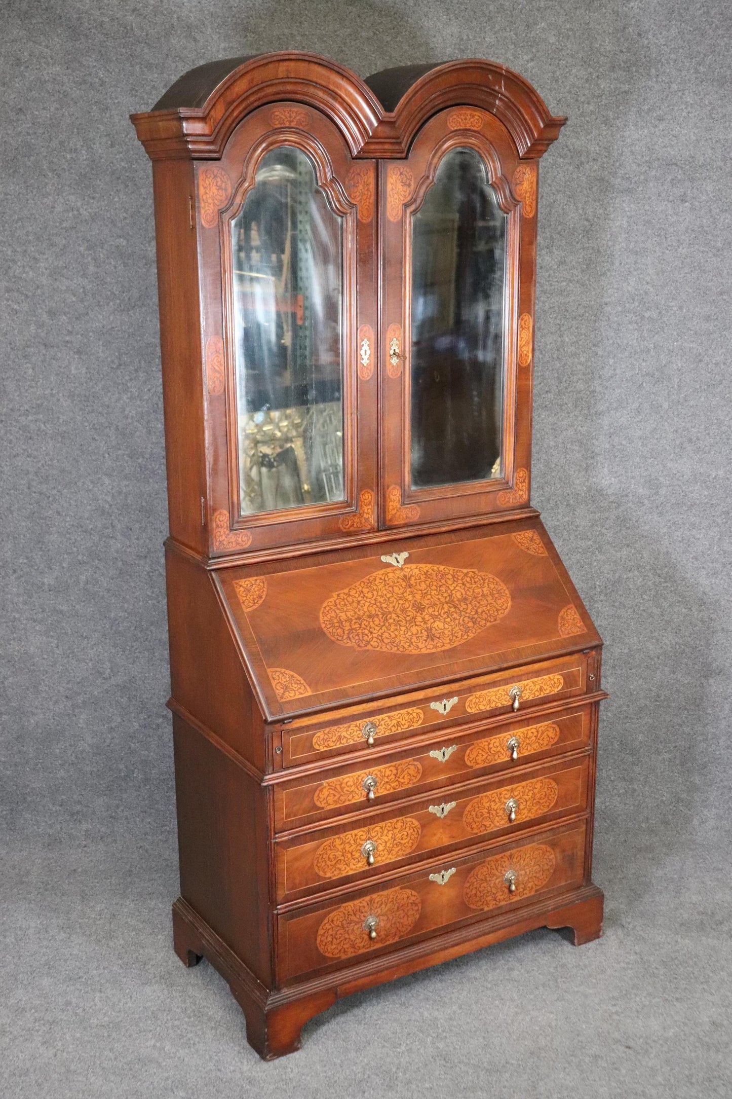 Seaweed Inlaid Walnut Mirrored Tombstone Georgian Secretary Desk Bookcase Top