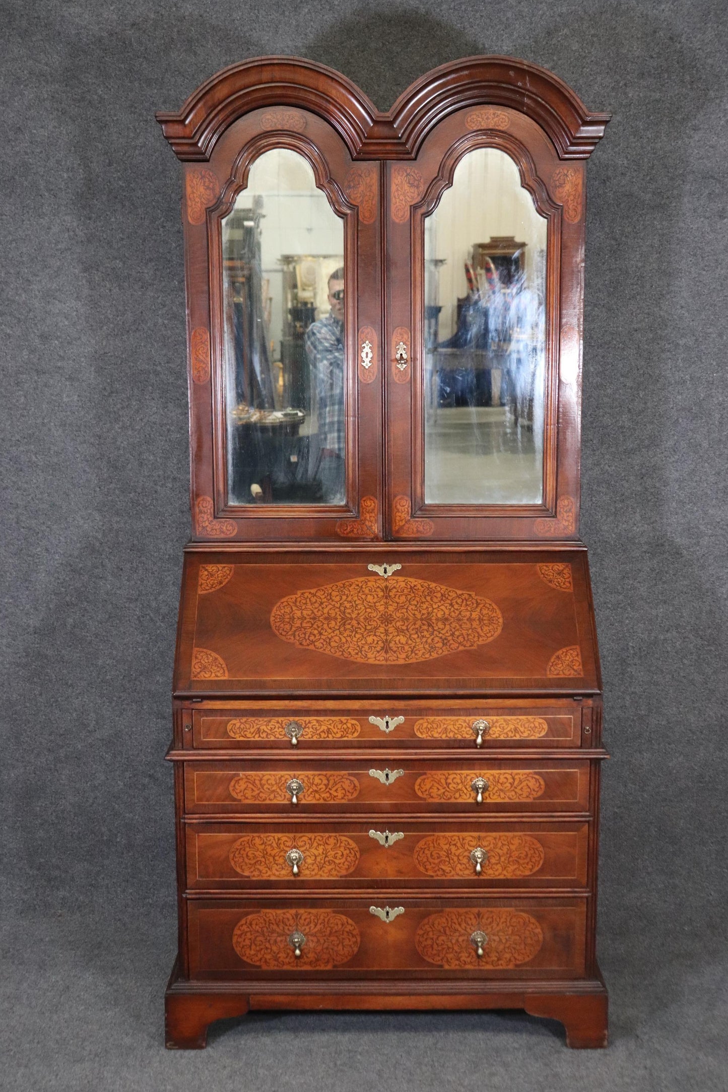 Seaweed Inlaid Walnut Mirrored Tombstone Georgian Secretary Desk Bookcase Top