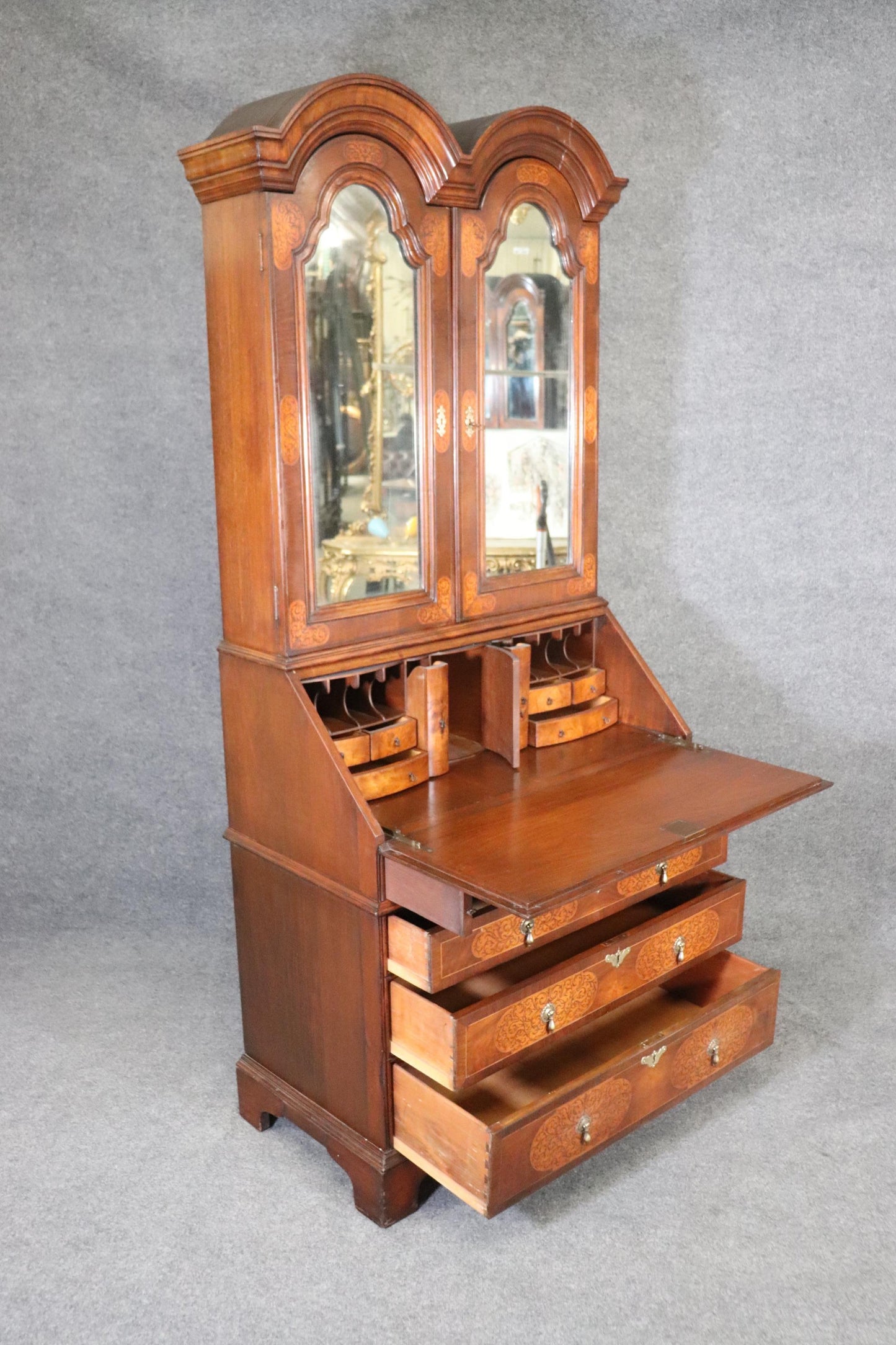 Seaweed Inlaid Walnut Mirrored Tombstone Georgian Secretary Desk Bookcase Top