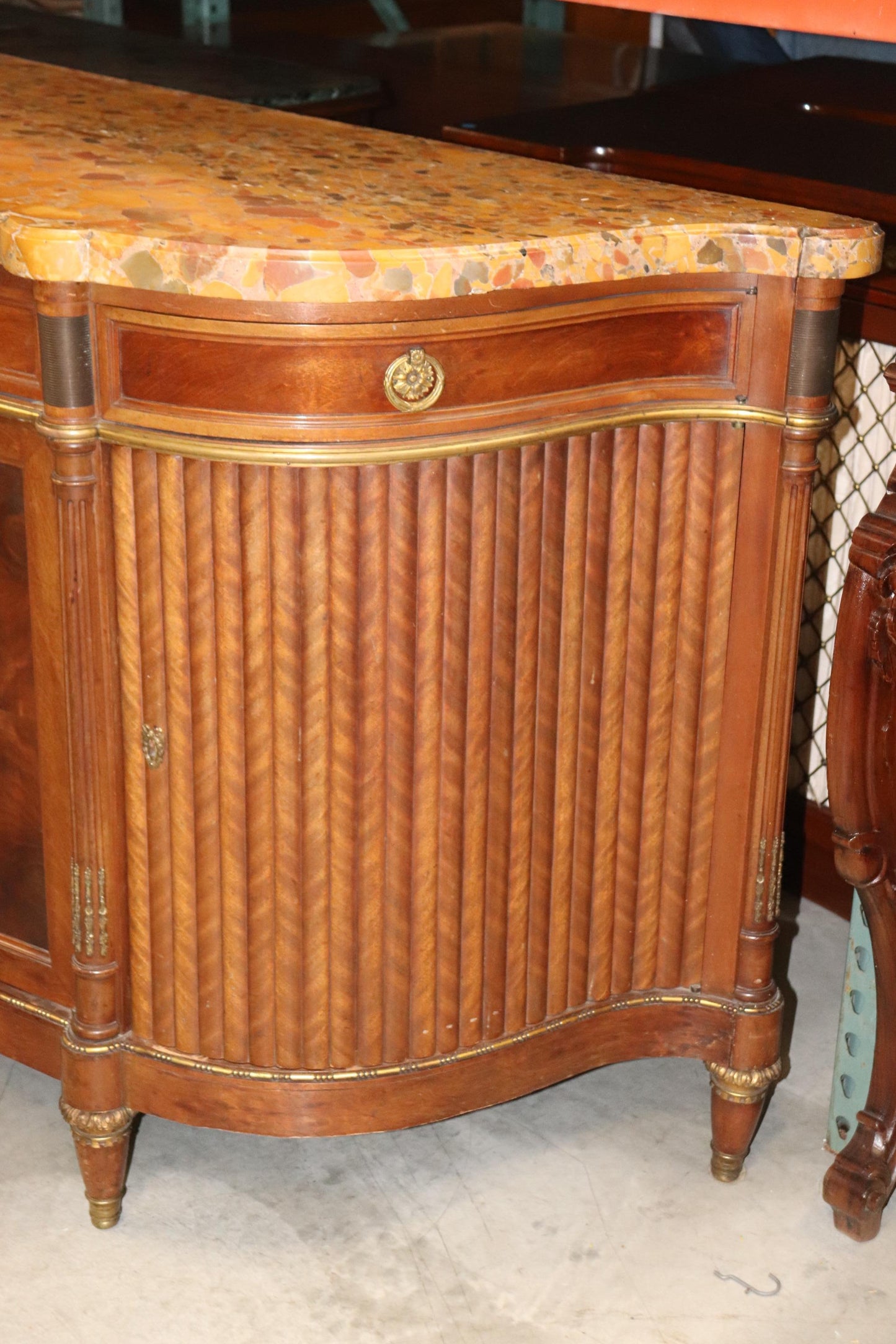 Fine French Breche D' Alep Marble Top Faux Tambor Doors Directoire Sideboard