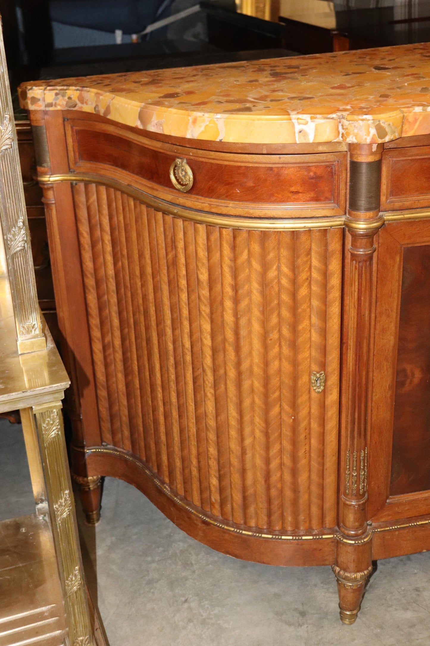 Fine French Breche D' Alep Marble Top Faux Tambor Doors Directoire Sideboard