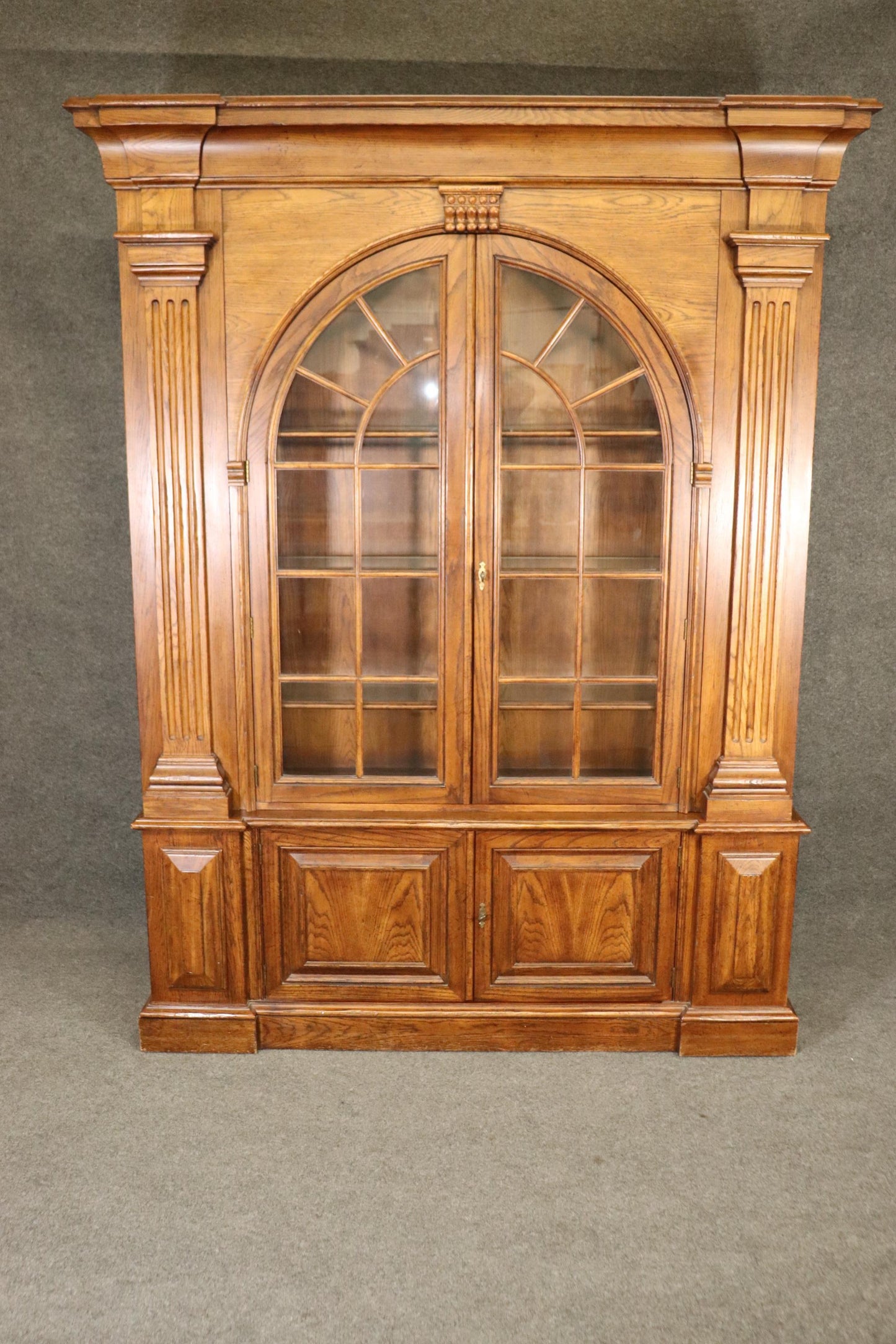 Grand Georgian Style Solid Oak Baker China Cabinet Bookcase Breakfront