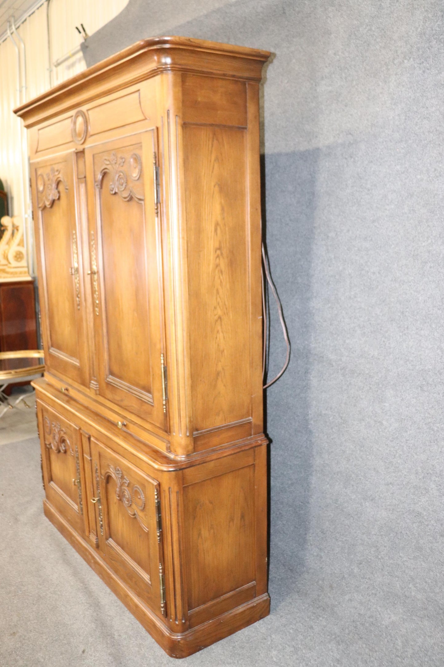 Baker Solid Oak Country French Breakfront China Cabinet with Desk Lighted