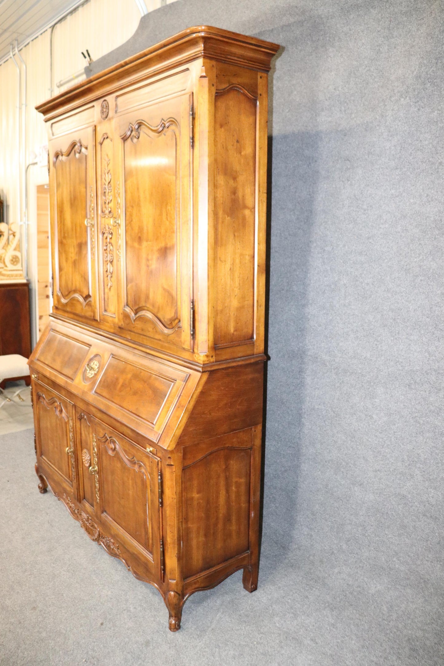 Heredon Country French Carved Walnut Lighted China Cabinet Breakfront with Desk