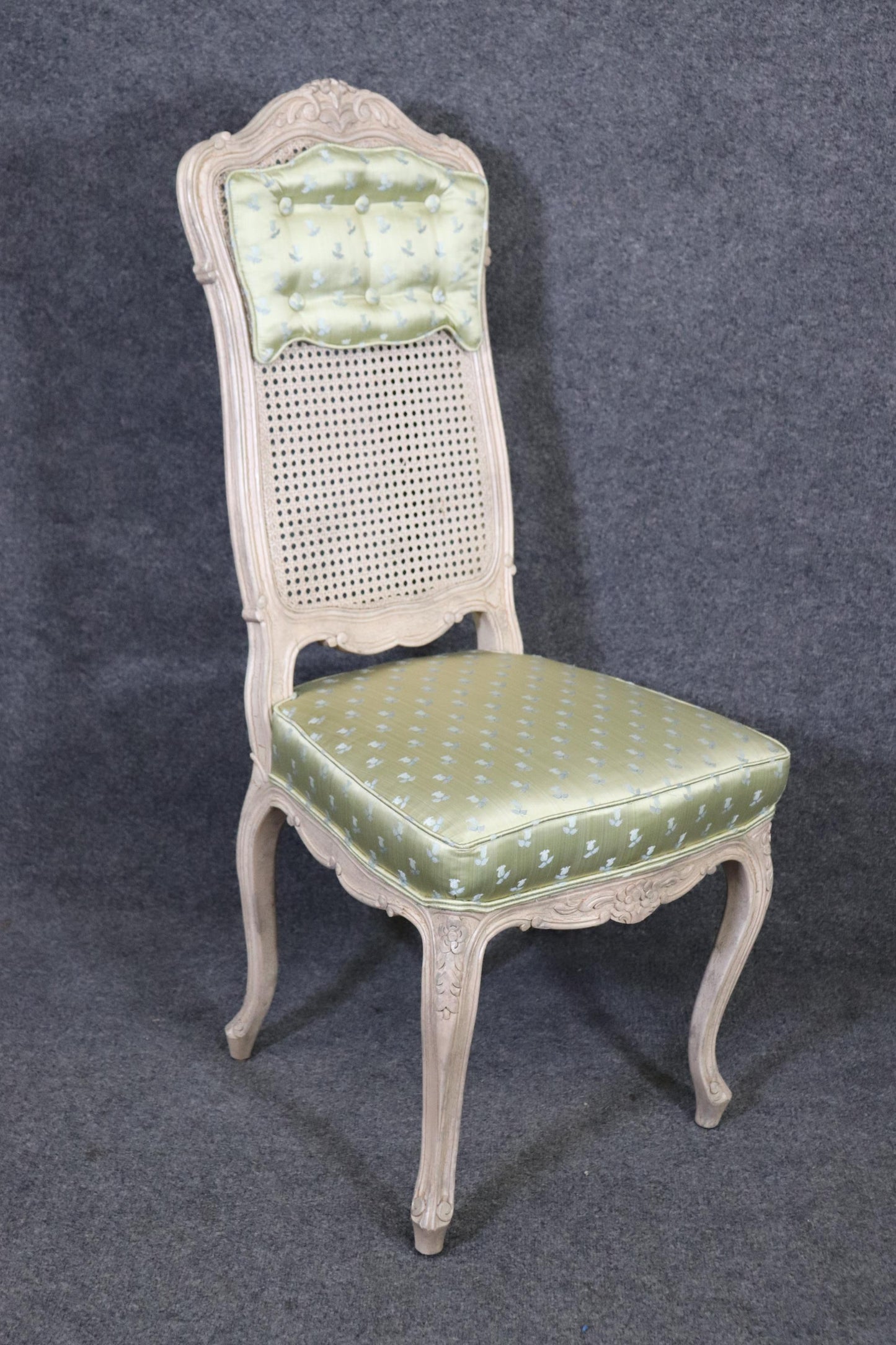 Set 8 Painted Green Upholstered Cane French Louis XV Tall Back Dining Chairs