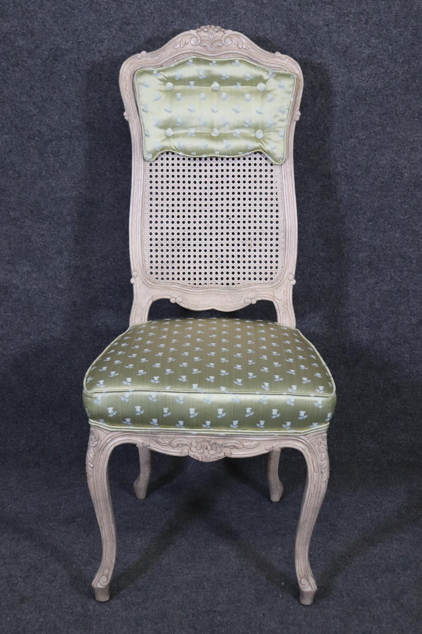 Set 8 Painted Green Upholstered Cane French Louis XV Tall Back Dining Chairs