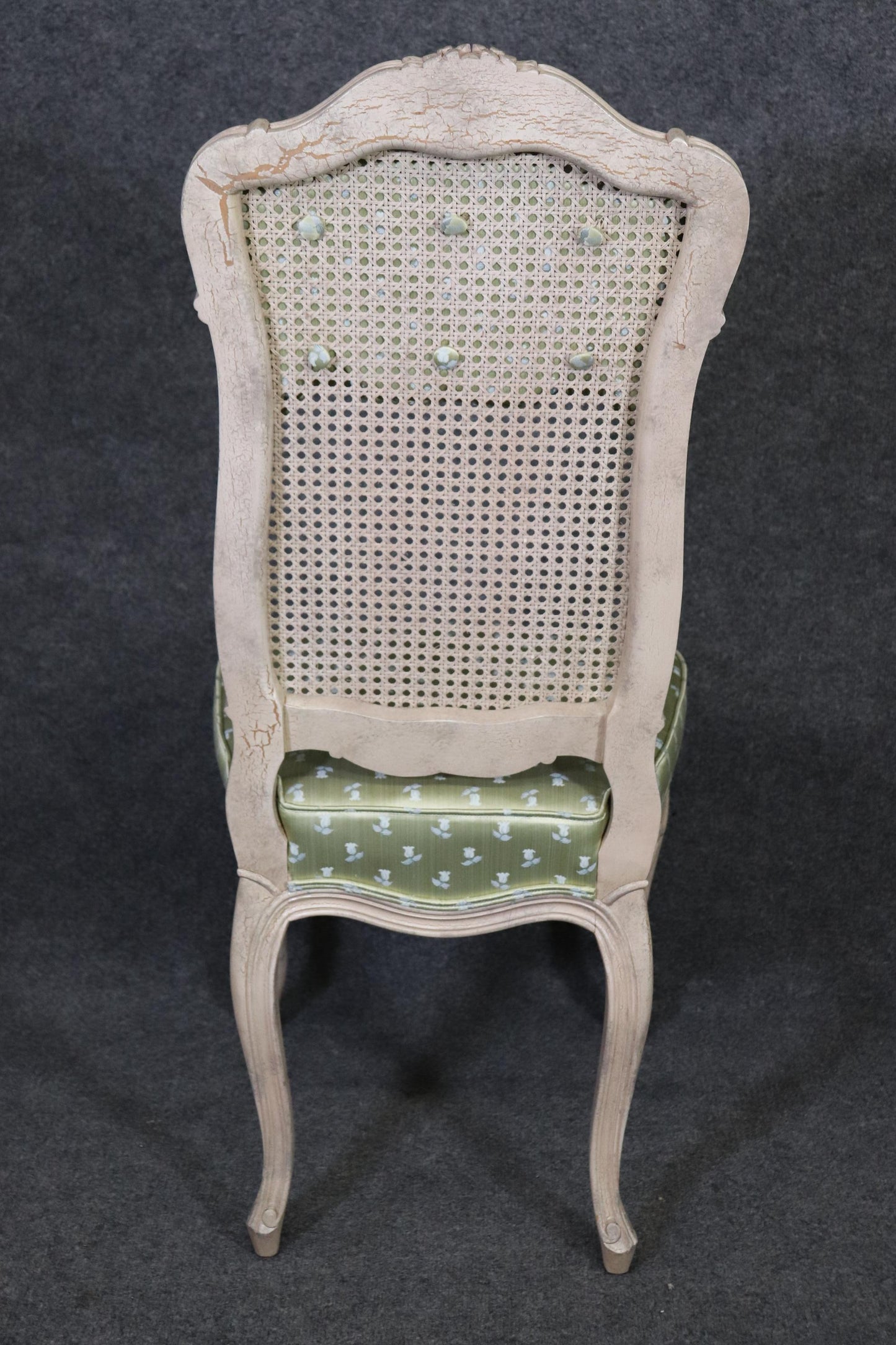 Set 8 Painted Green Upholstered Cane French Louis XV Tall Back Dining Chairs