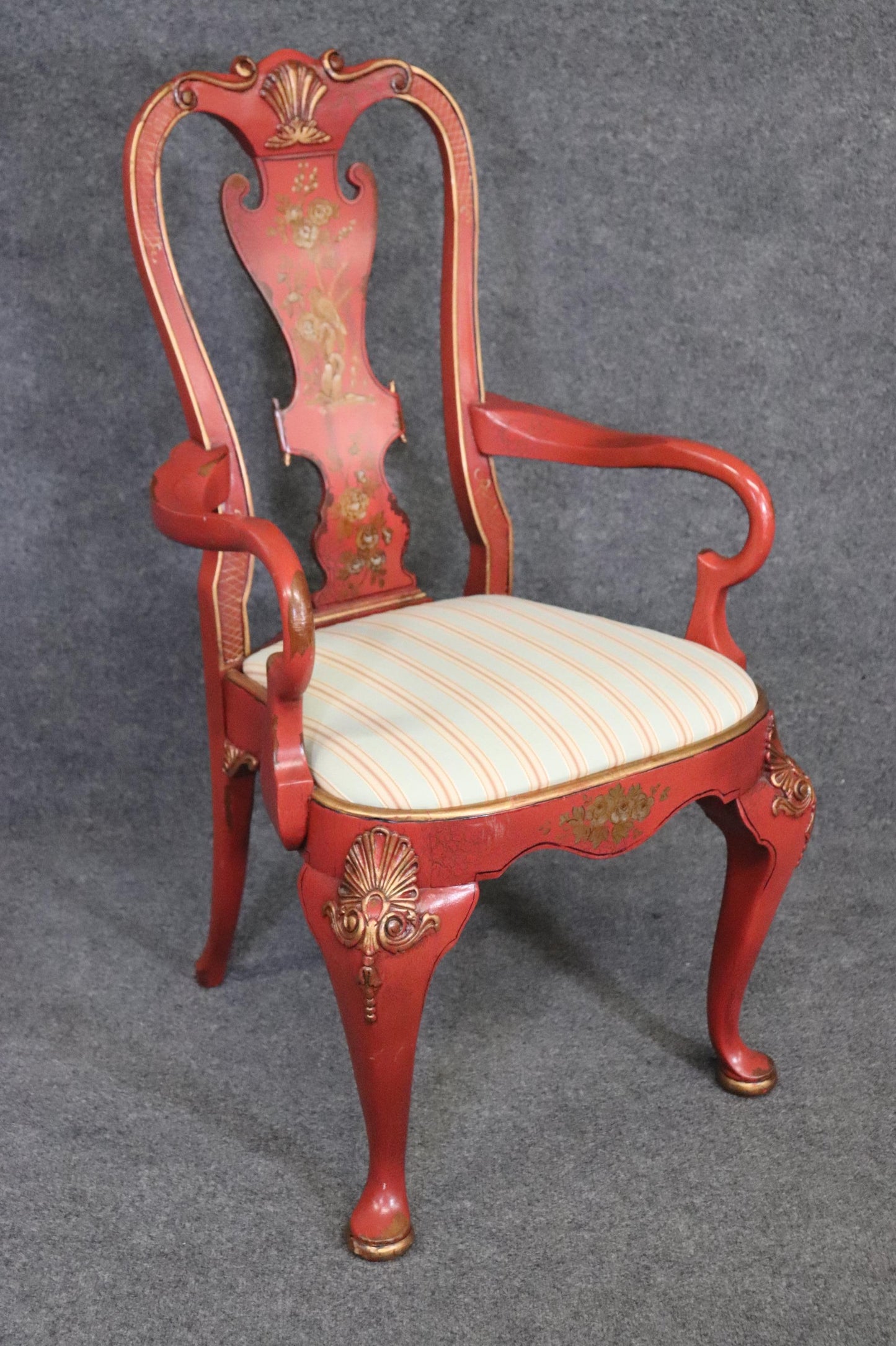 Pair of Red Chinoiserie Paint Decorated Georgian Armchairs or Dining Chairs