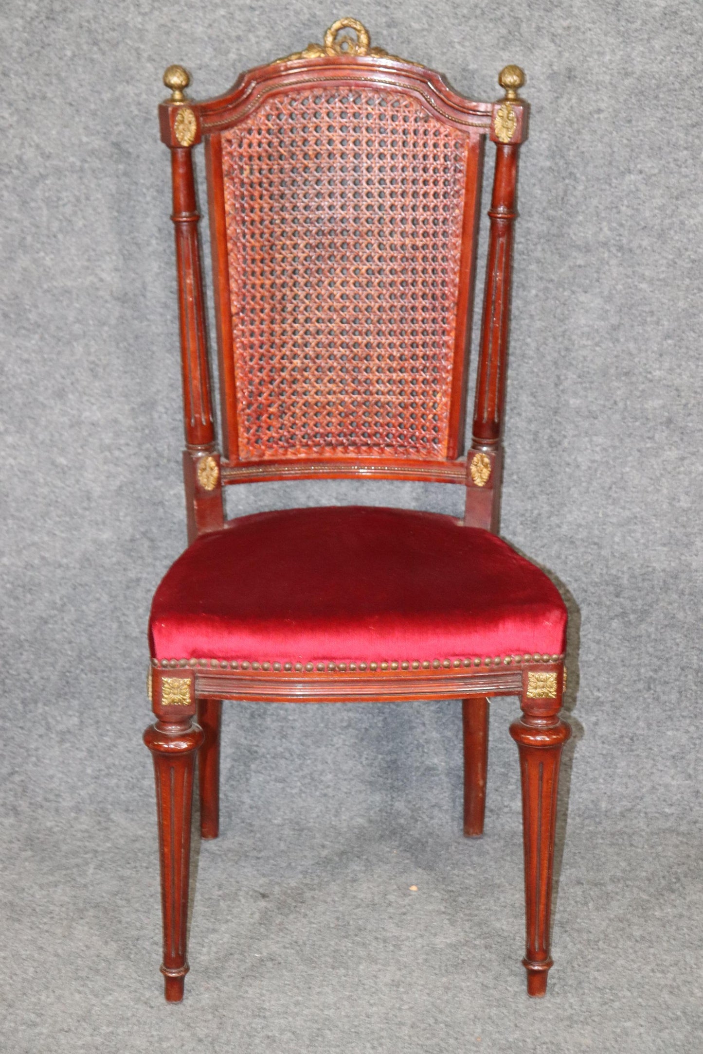 Set of 8 French Louis XVI Style Mahogany Cane Back Dining Chairs with Ormolu