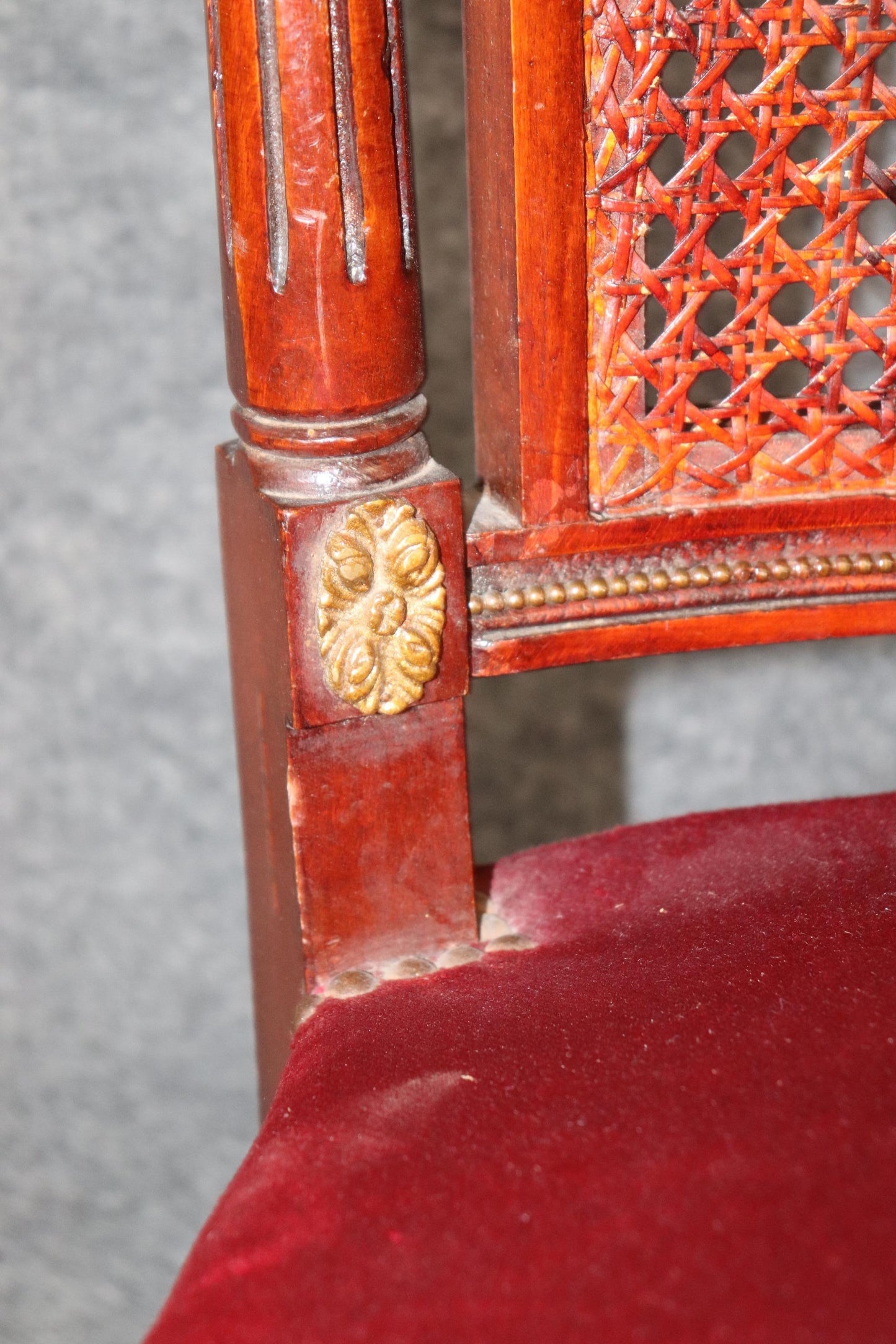 Set of 8 French Louis XVI Style Mahogany Cane Back Dining Chairs with Ormolu