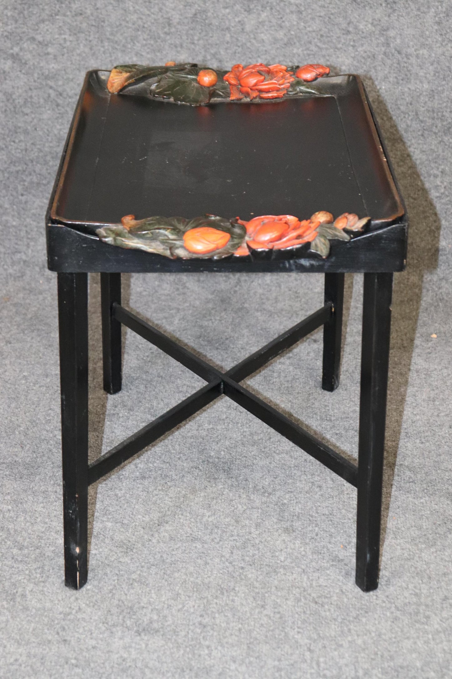 Unique Paint Decorated Ebonized Carved Italian Tray Top Coffee Table