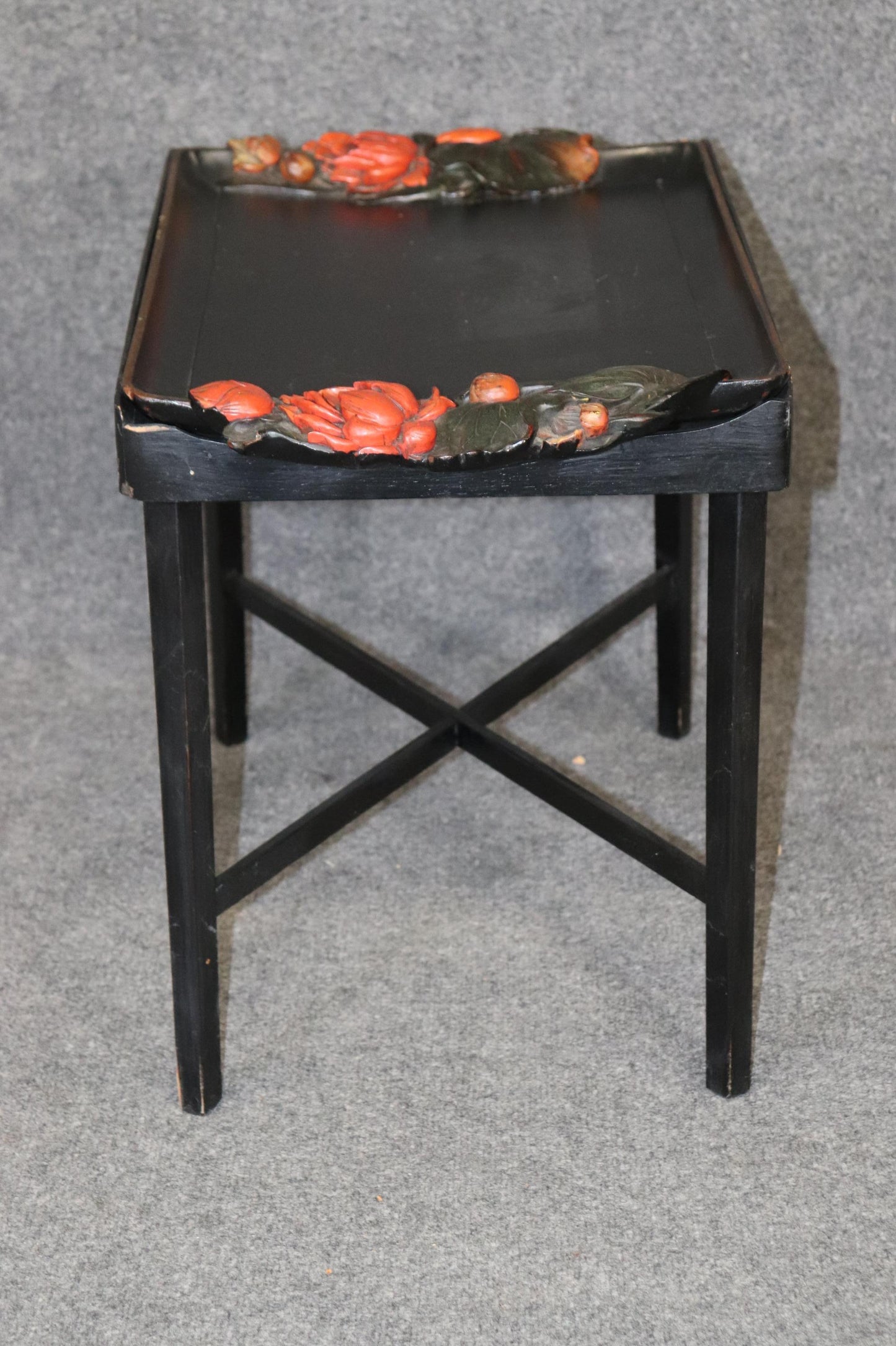 Unique Paint Decorated Ebonized Carved Italian Tray Top Coffee Table