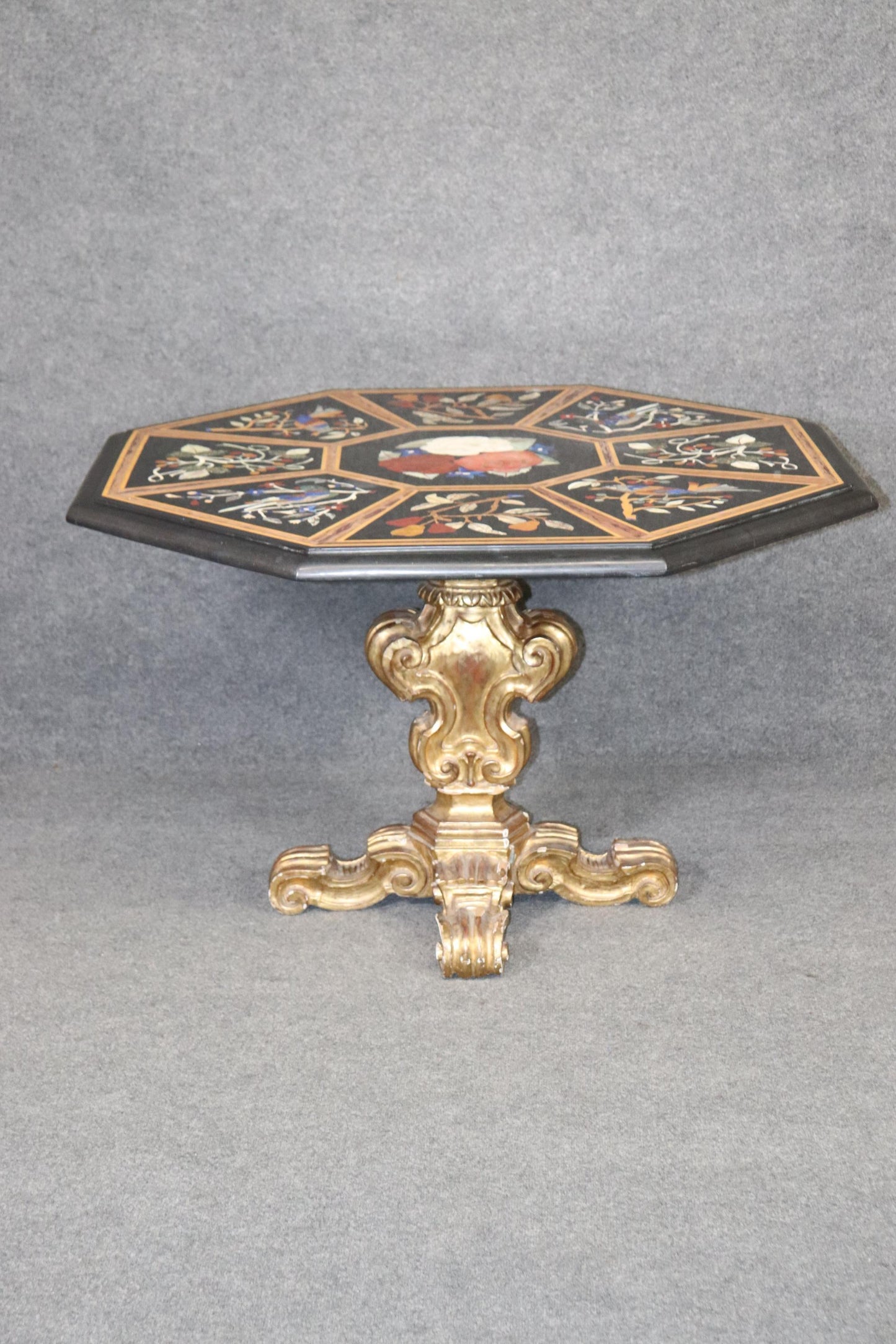 Italian Gilded Rococo Pietra Dura Inlaid Marble Top Center Table, circa 1950s