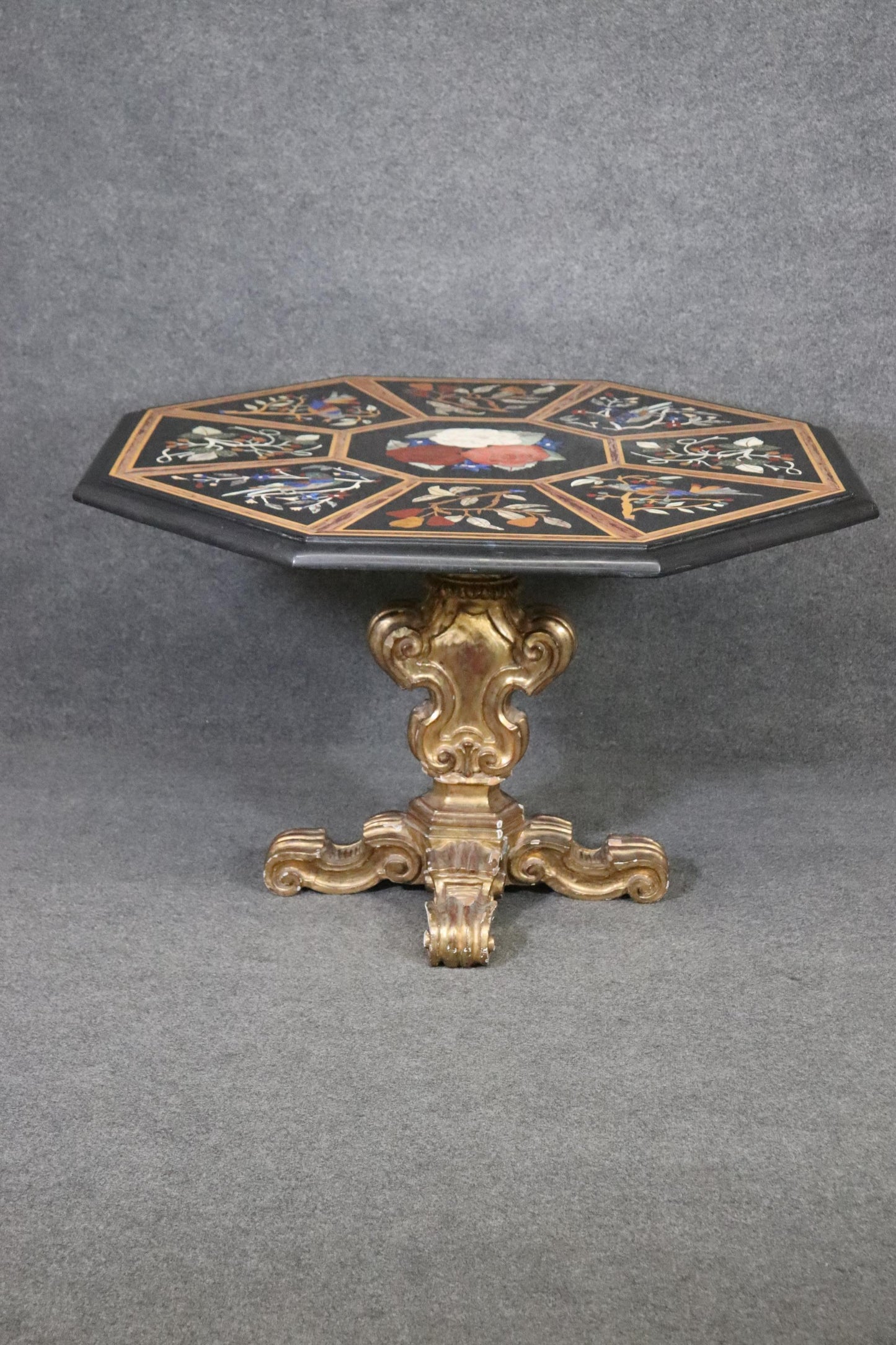 Italian Gilded Rococo Pietra Dura Inlaid Marble Top Center Table, circa 1950s