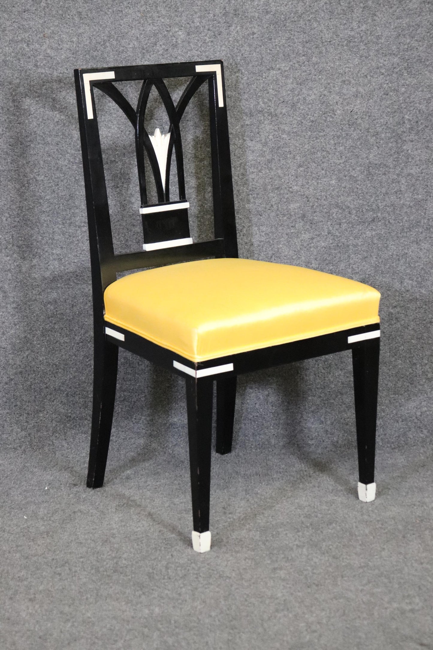 Set of 4 Ebonized French Art Deco Style Dining Chairs in Yellow Upholstery