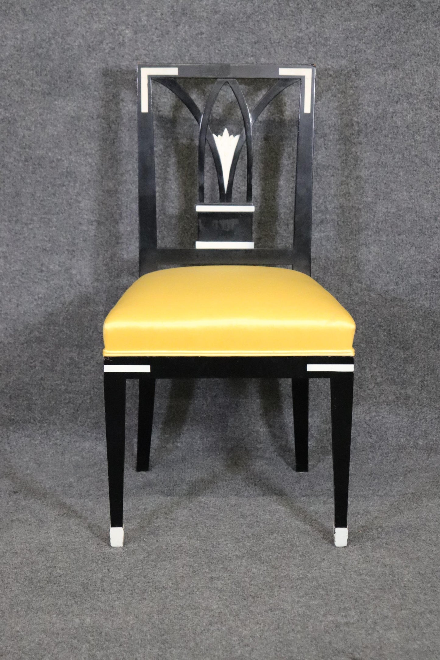 Set of 4 Ebonized French Art Deco Style Dining Chairs in Yellow Upholstery