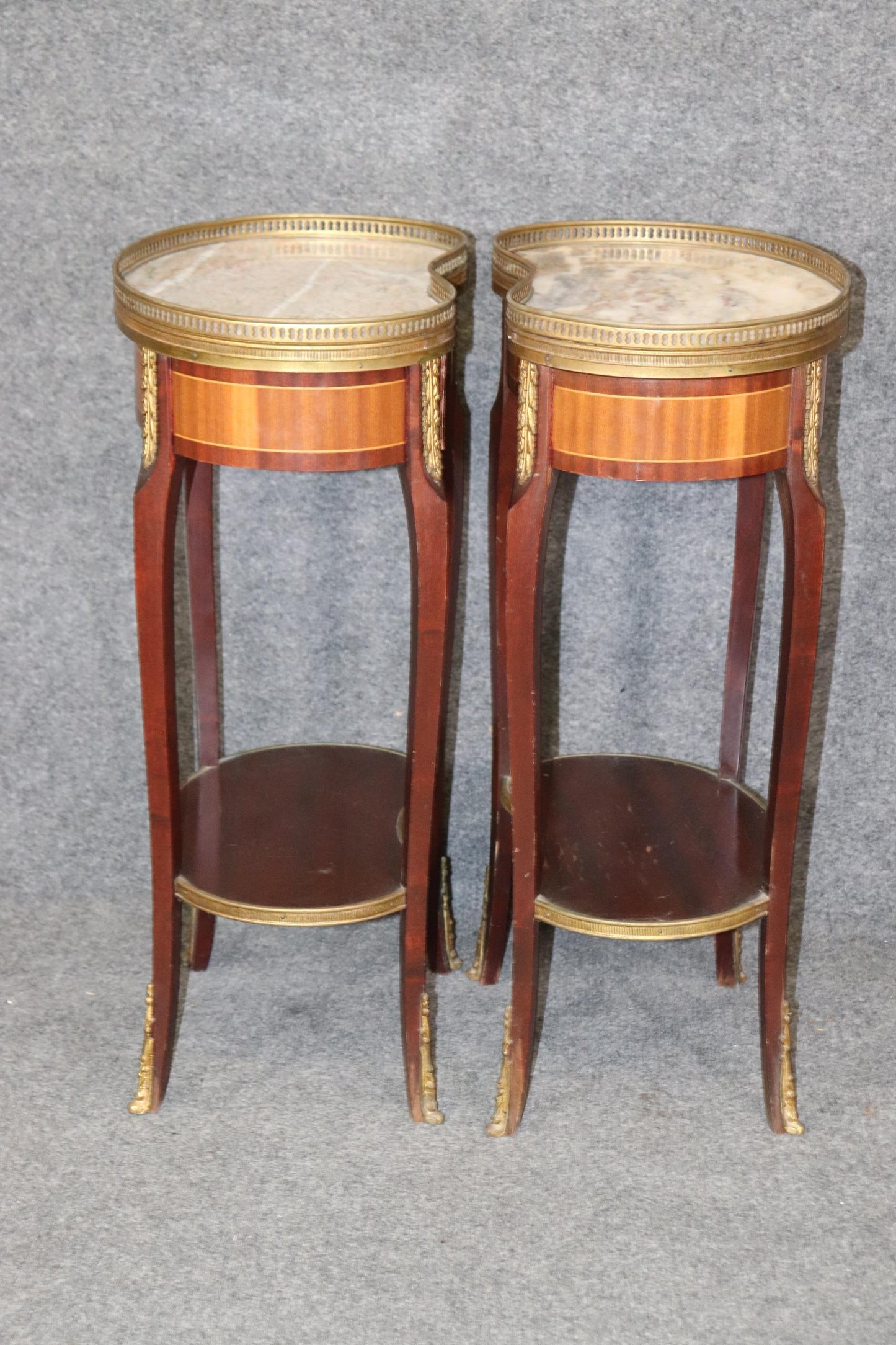 Pair of Marble Top Satinwood French Louis XV Kidney Shape Nightstands circa 1940