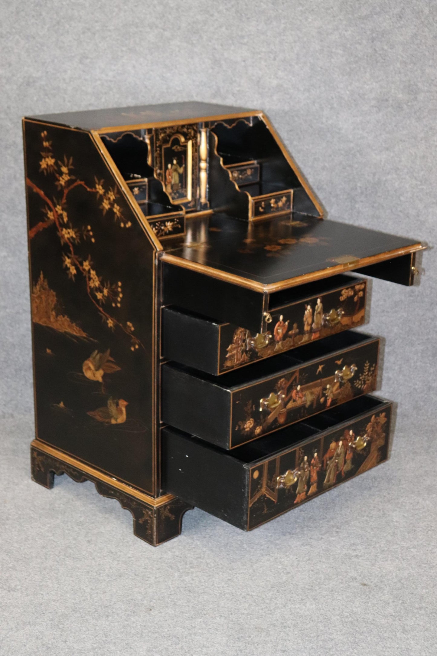 Narrow Raised Lacquer Black Chinoiserie Slatfront Secretary Desk circa 1950