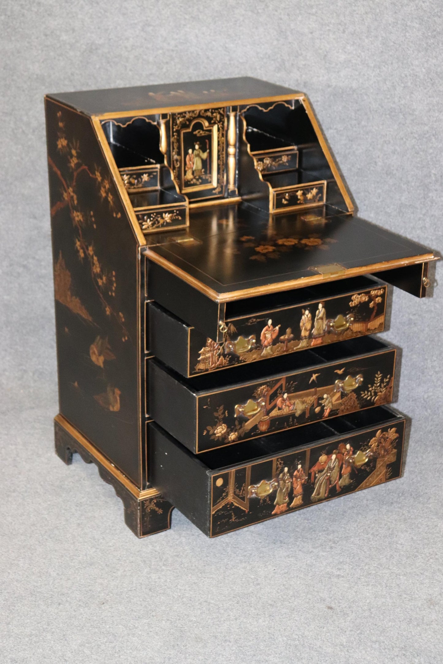 Narrow Raised Lacquer Black Chinoiserie Slatfront Secretary Desk circa 1950