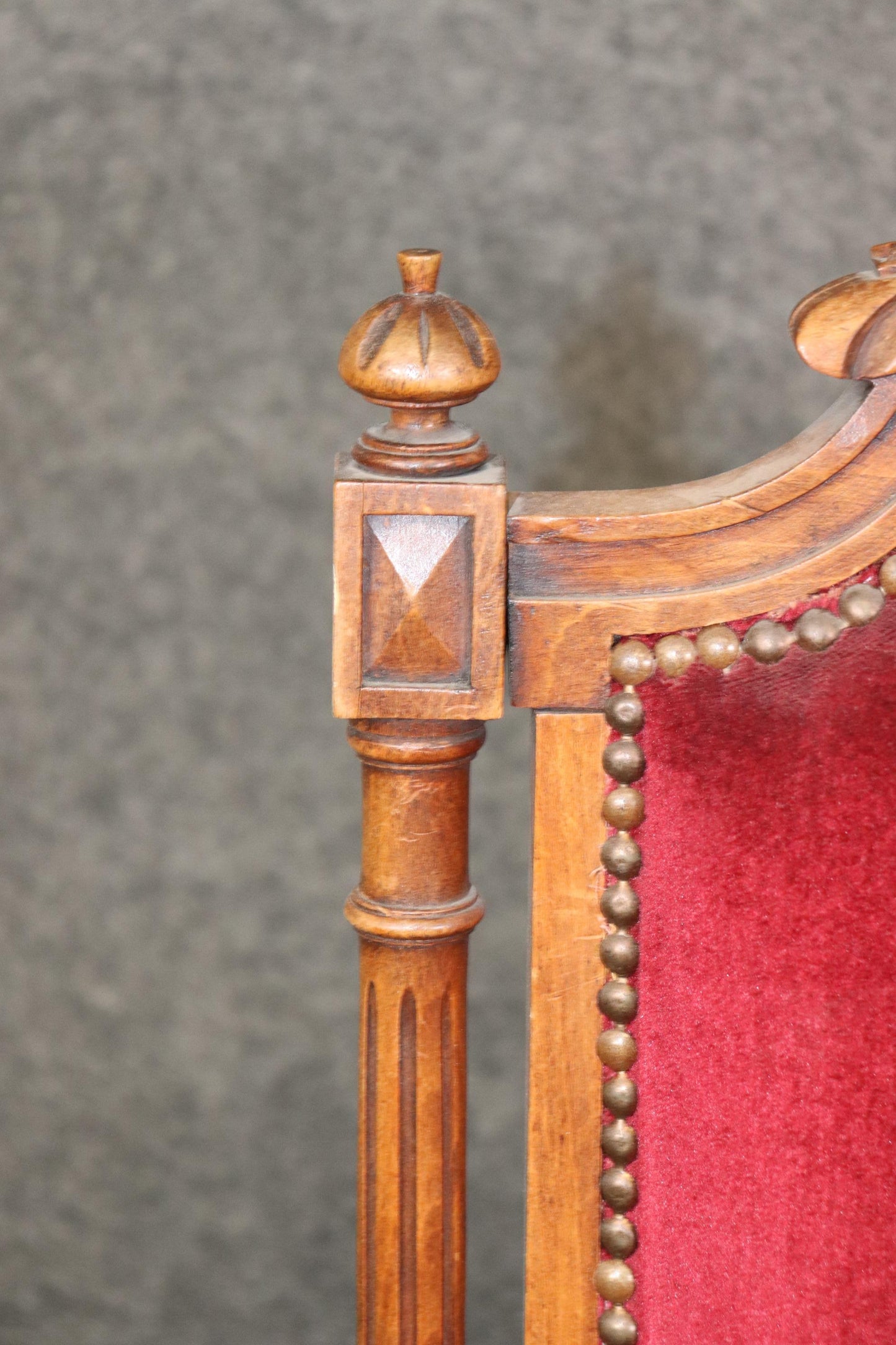 Pair of Carved Walnut Burgundy Velvet Louis XVI Fauteuil Armchairs, circa 1920