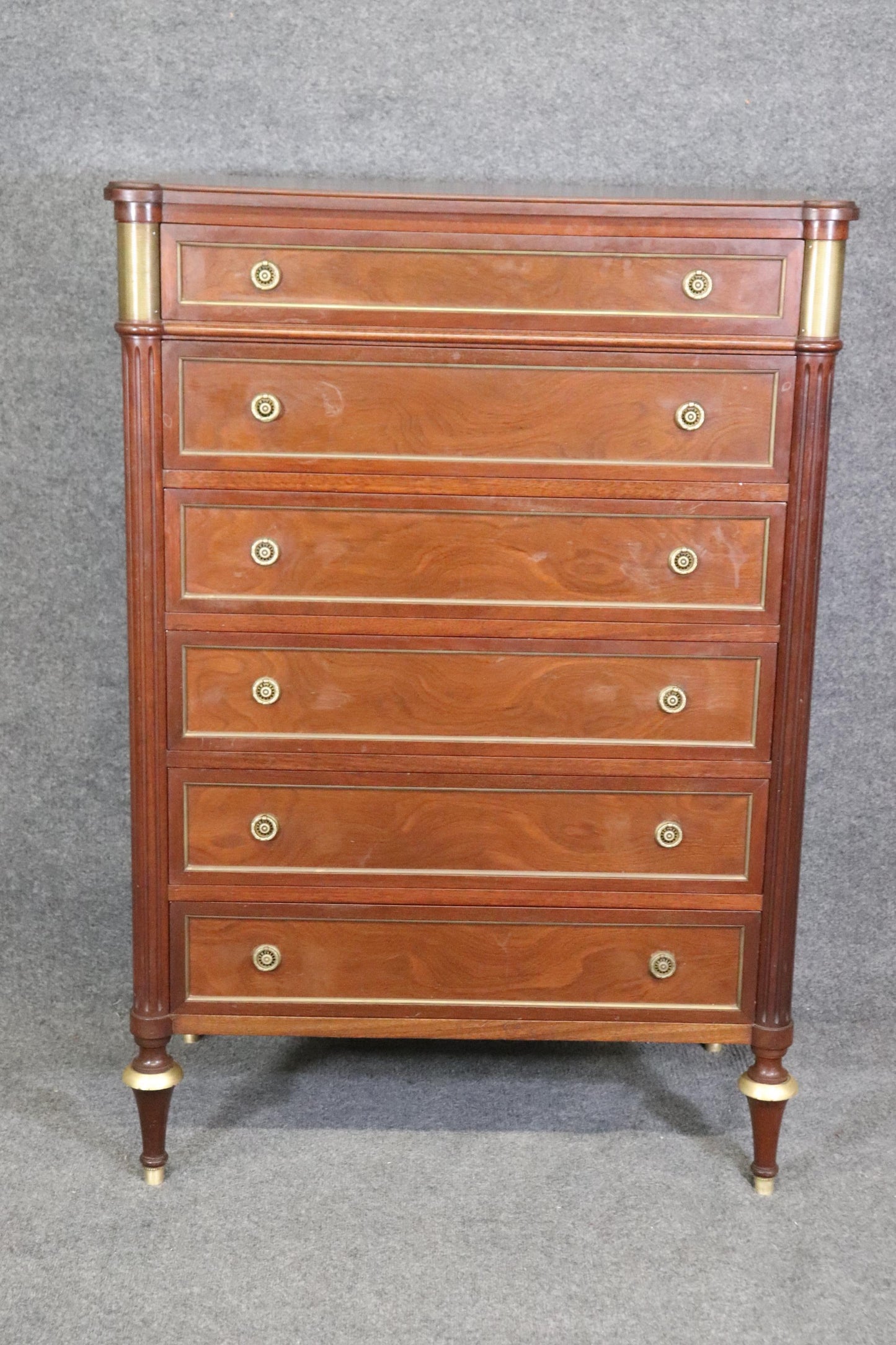 Tall Brass Mounted Mahogany Directoire Louis XVI Style Dresser Semanier