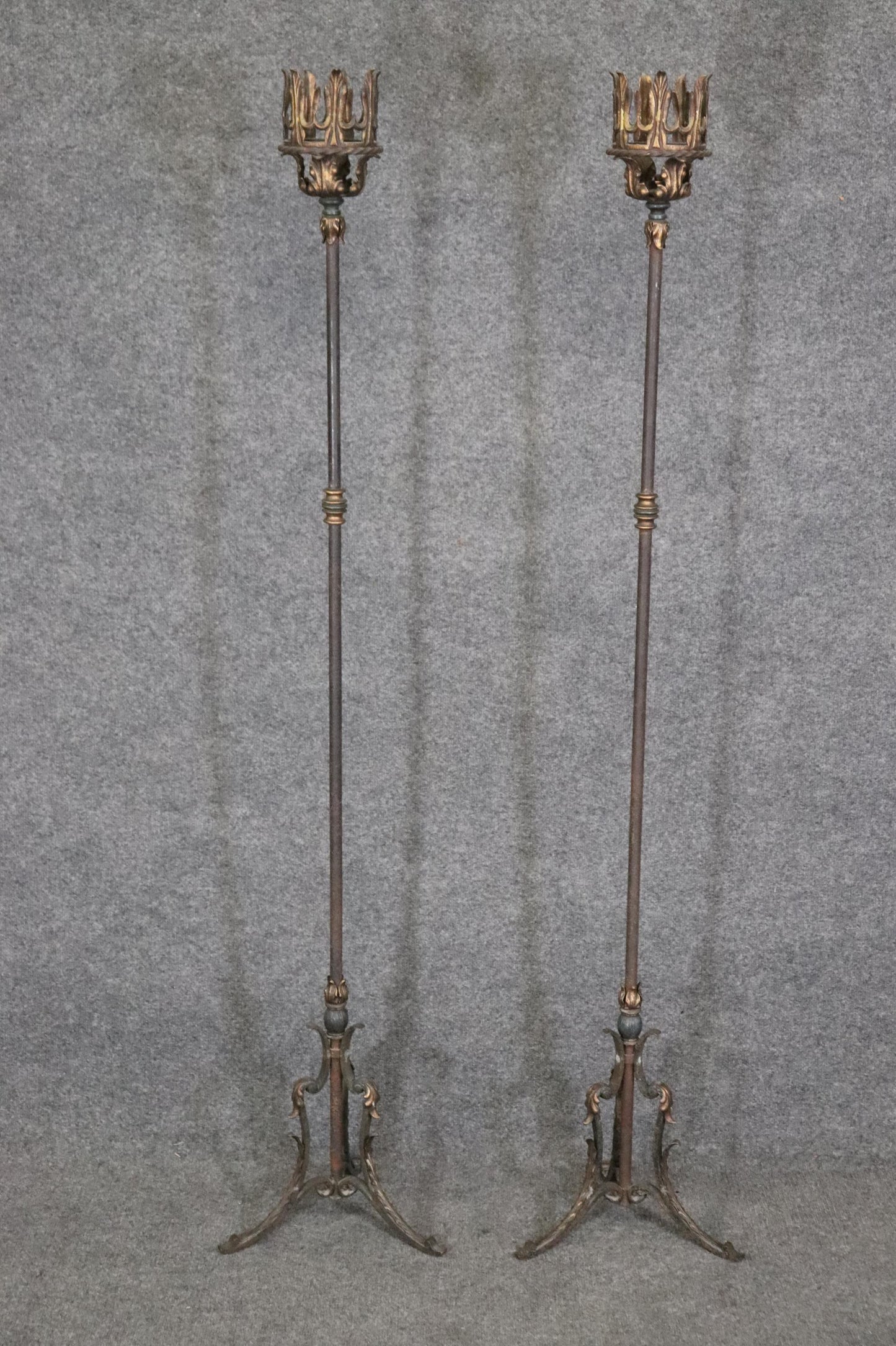 Pair of Hand-Wrought Iron Non Electrified Candle Sticks manner of Oscar Bach