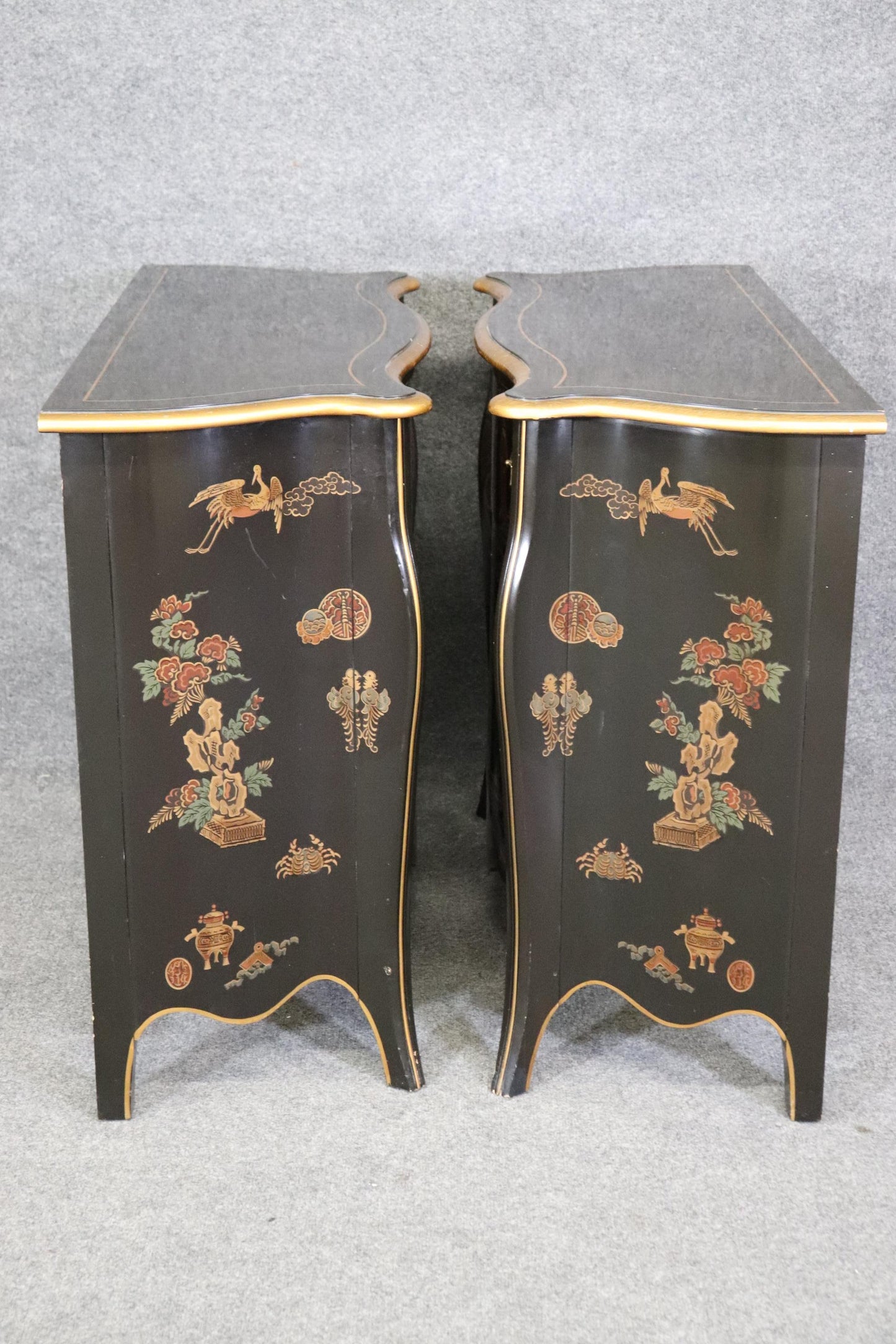 Pair of Chinoiserie Painted Medium Sized Louis XV Style Commodes Circa 1970