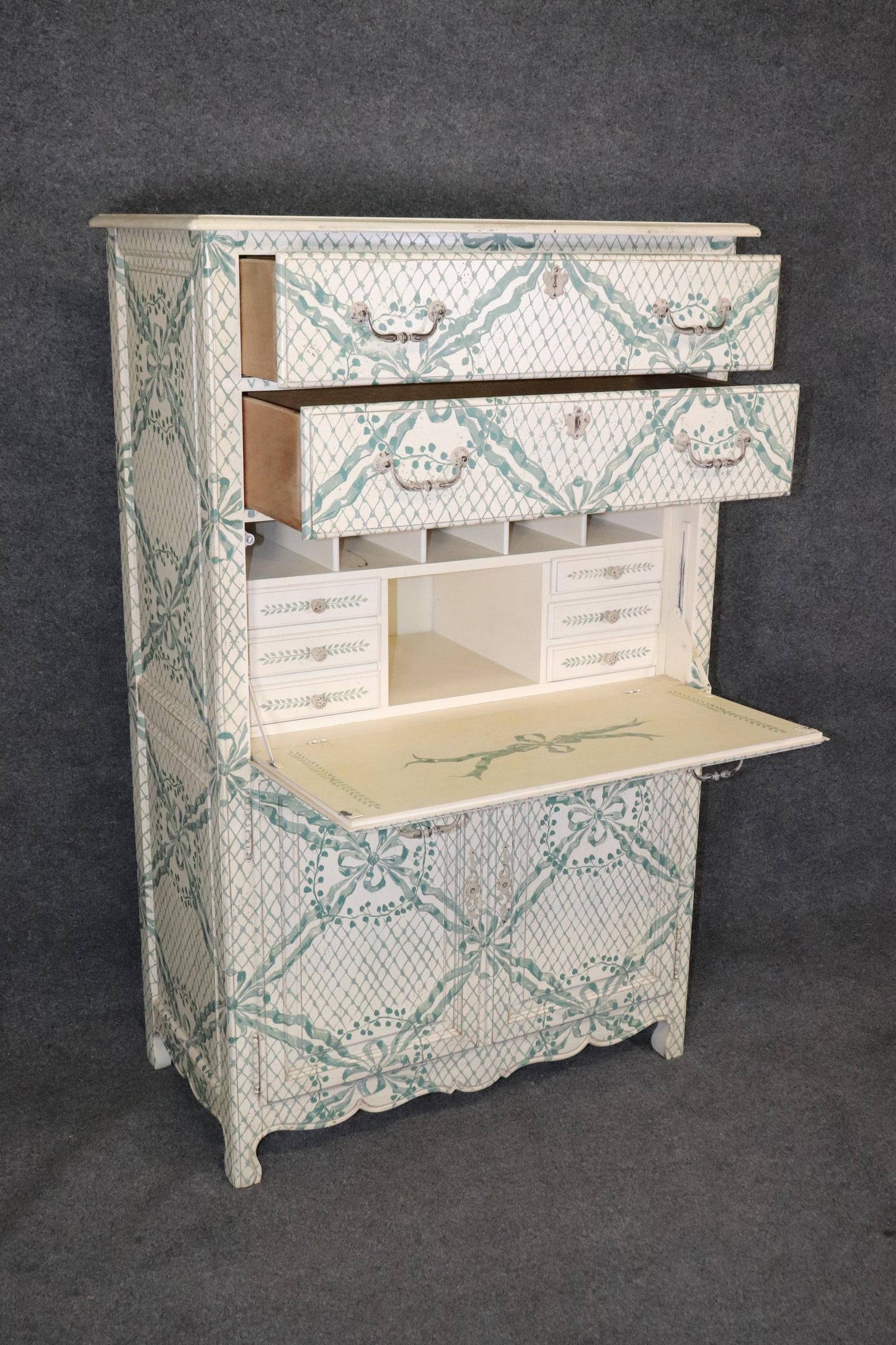 Charming Hand-Painted Tall Dresser with French Ribbon Painted Scheme