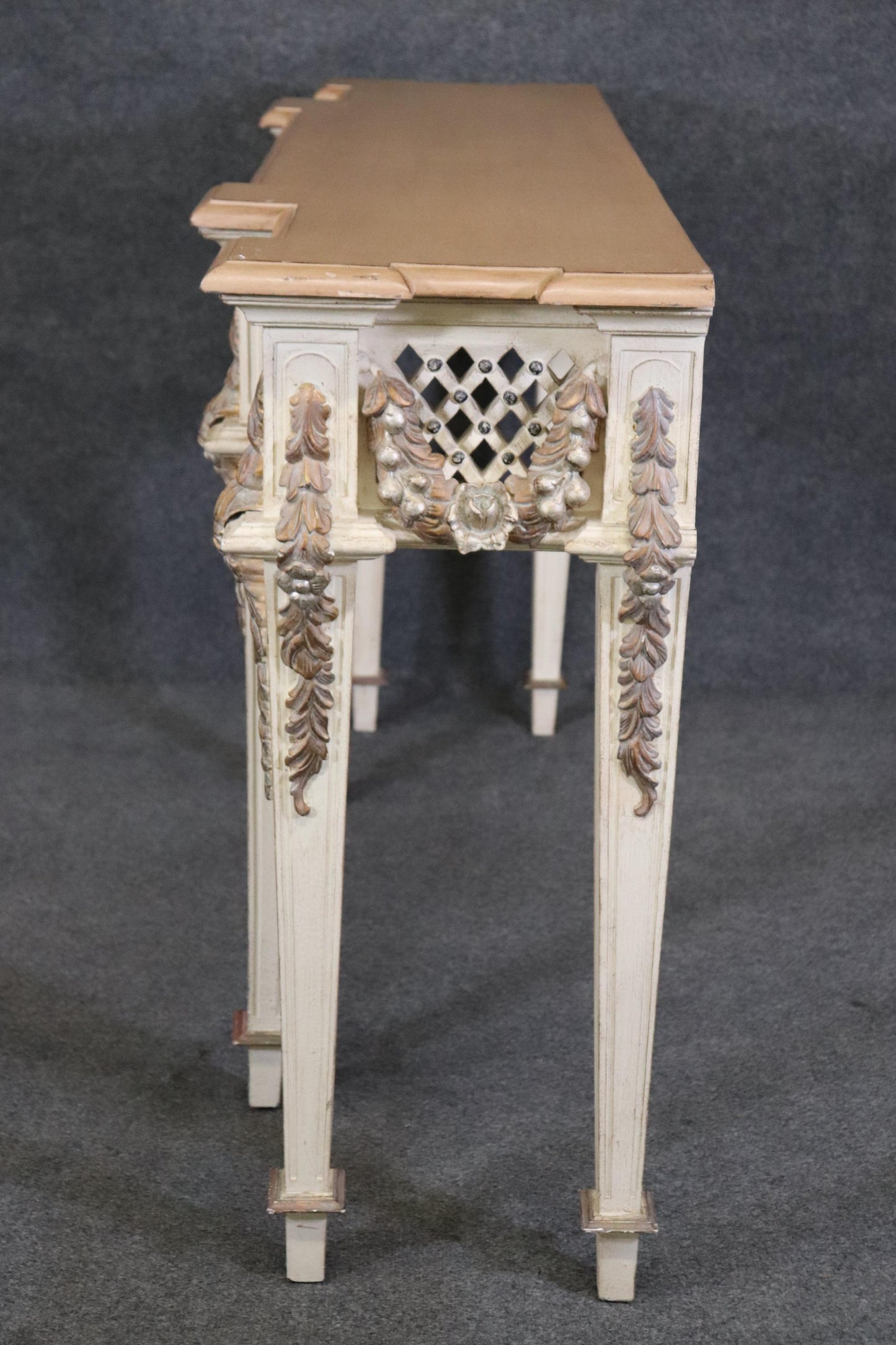 Gorgeous Carved French Louis XVI Style Faux marble Paint Decorated Console Table