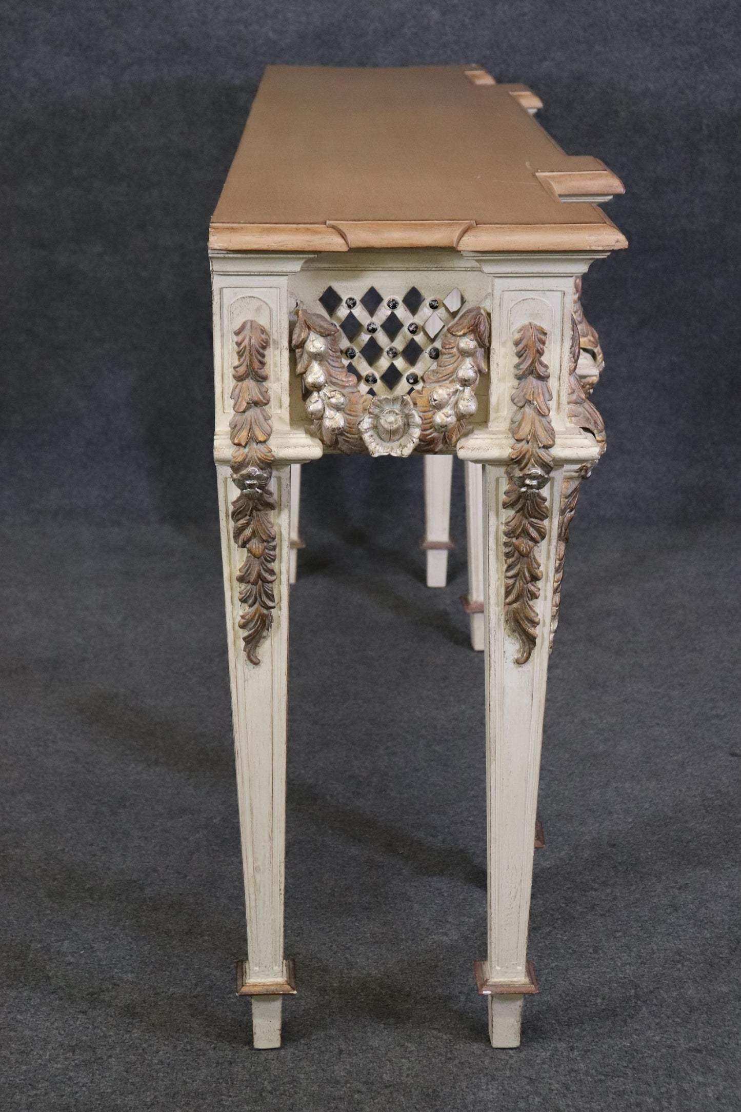 Gorgeous Carved French Louis XVI Style Faux marble Paint Decorated Console Table