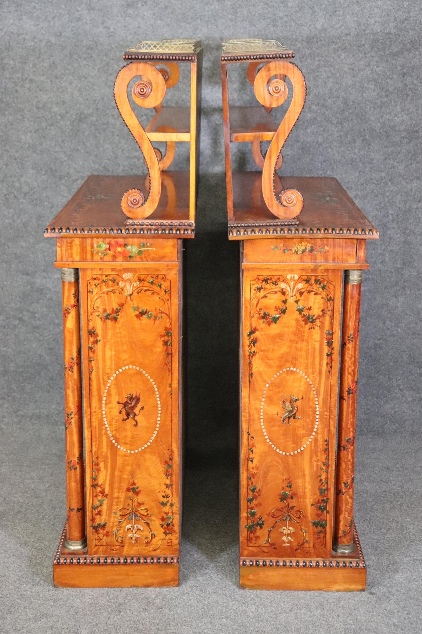 Pair of Exceptional Adams Paint Decorated Satinwood English Side Cabinets