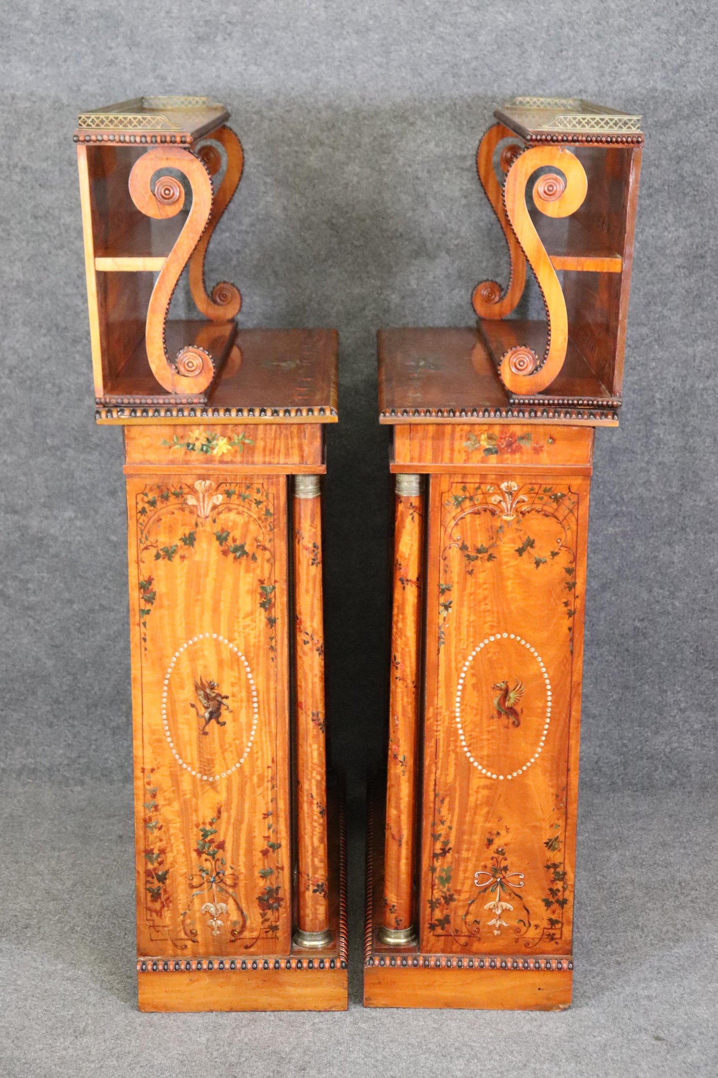 Pair of Exceptional Adams Paint Decorated Satinwood English Side Cabinets