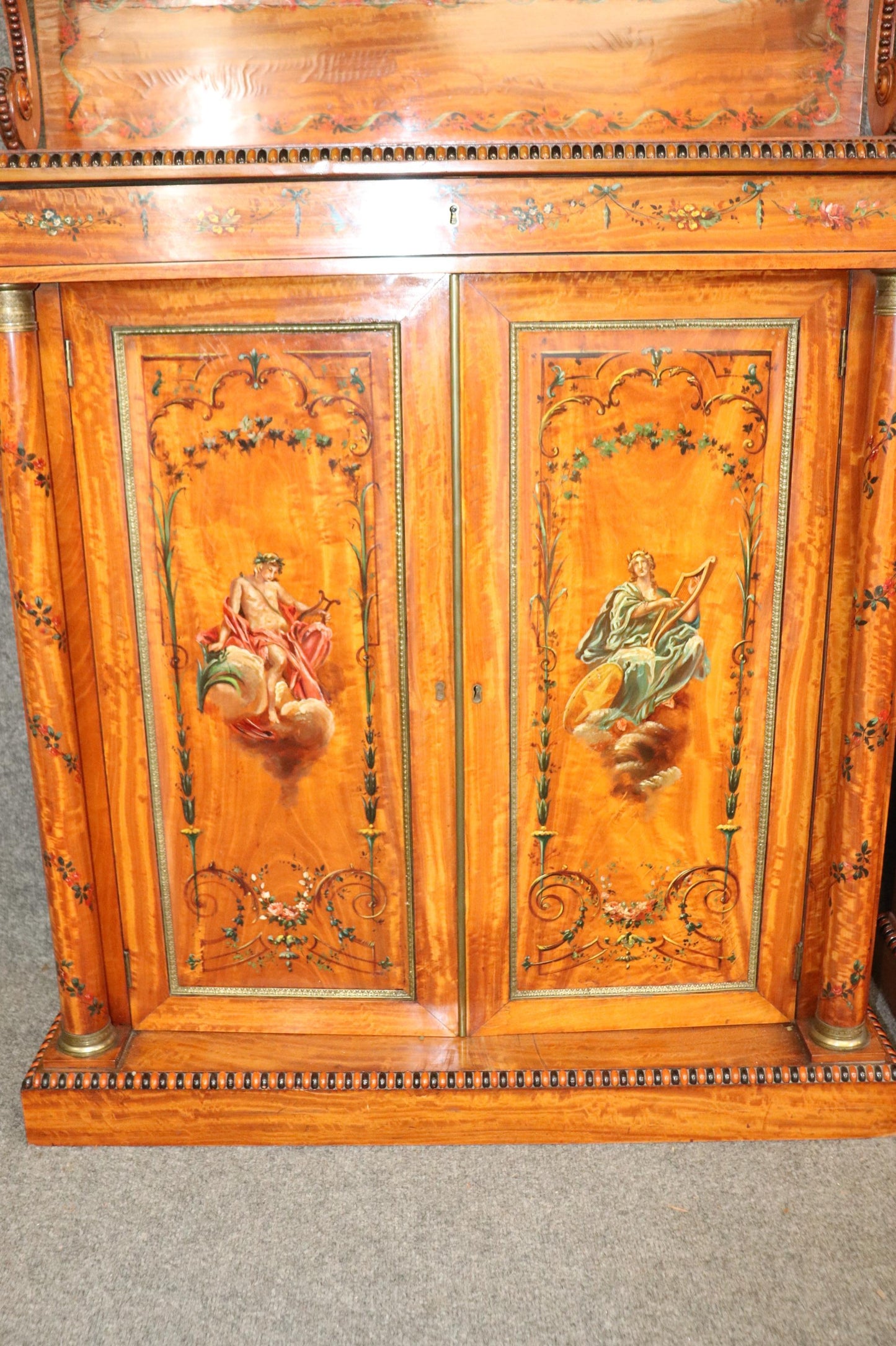 Pair of Exceptional Adams Paint Decorated Satinwood English Side Cabinets