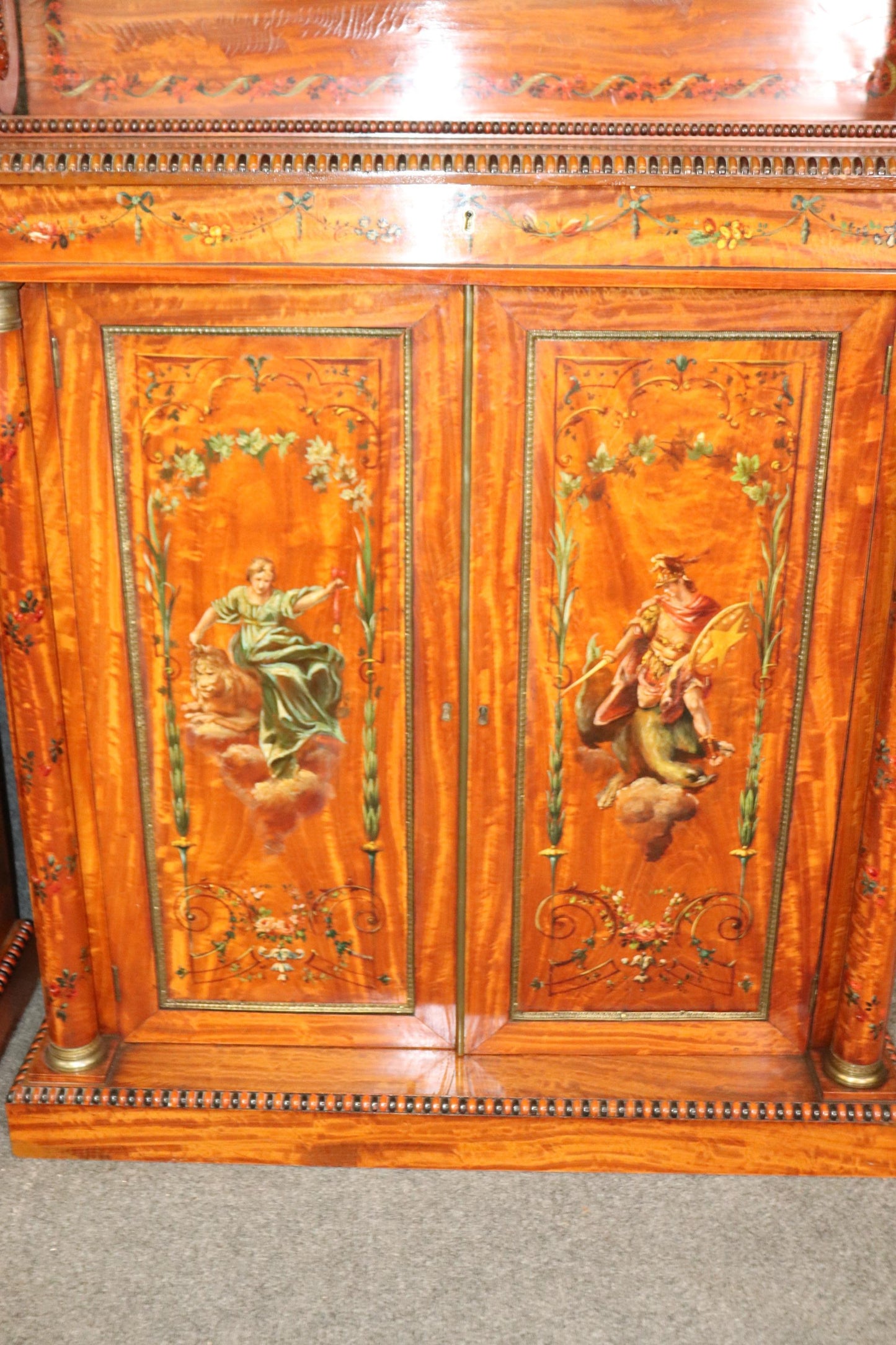 Pair of Exceptional Adams Paint Decorated Satinwood English Side Cabinets