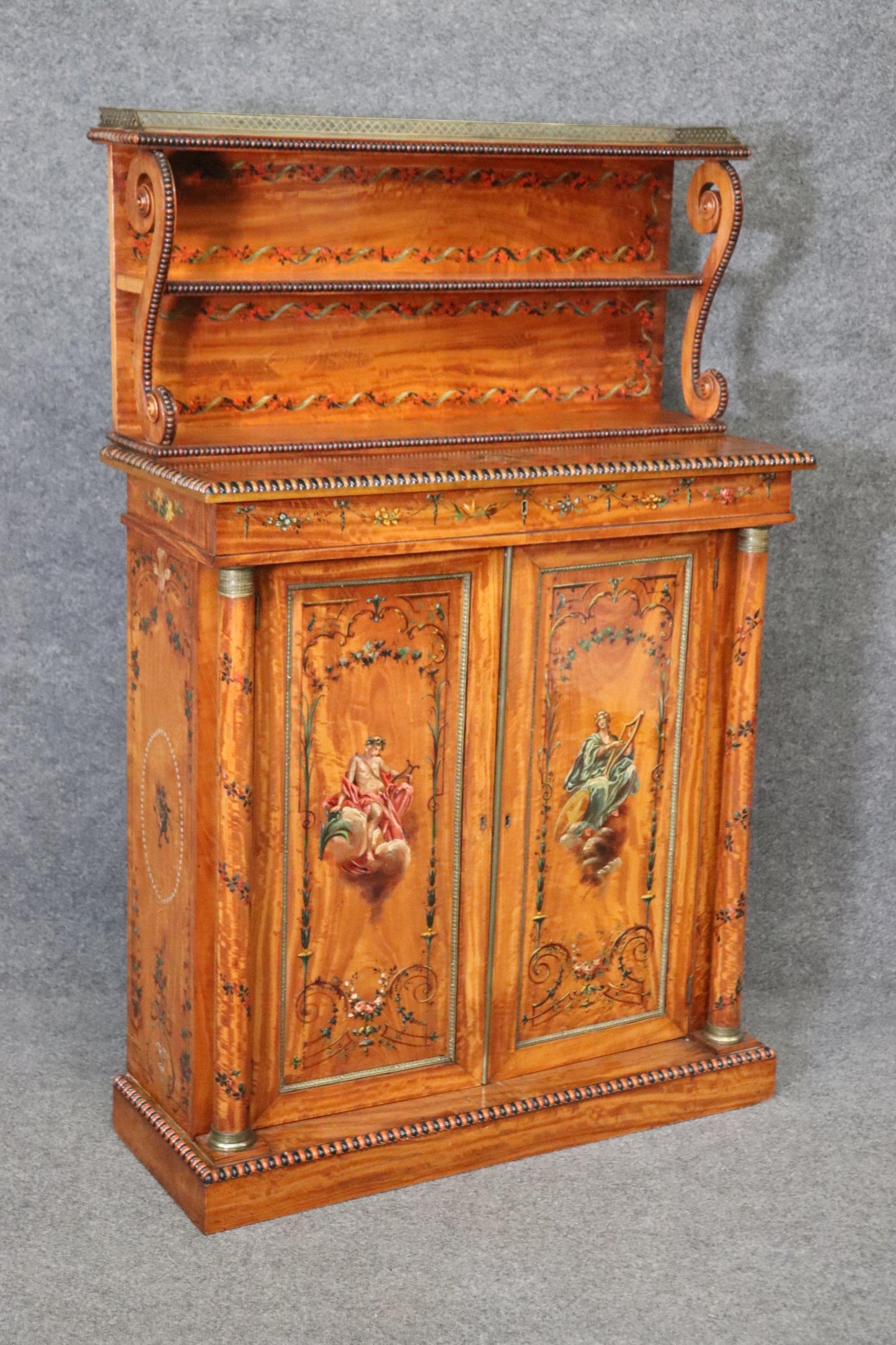 Pair of Exceptional Adams Paint Decorated Satinwood English Side Cabinets