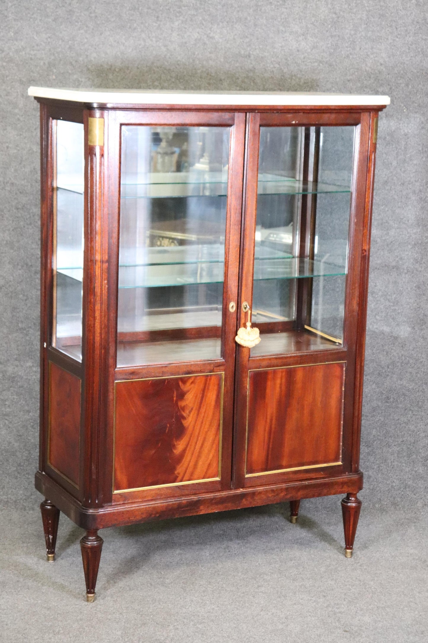 Petite Lighted French Flame Mahogany Louis XVI Directoire Vitrine Marble Top