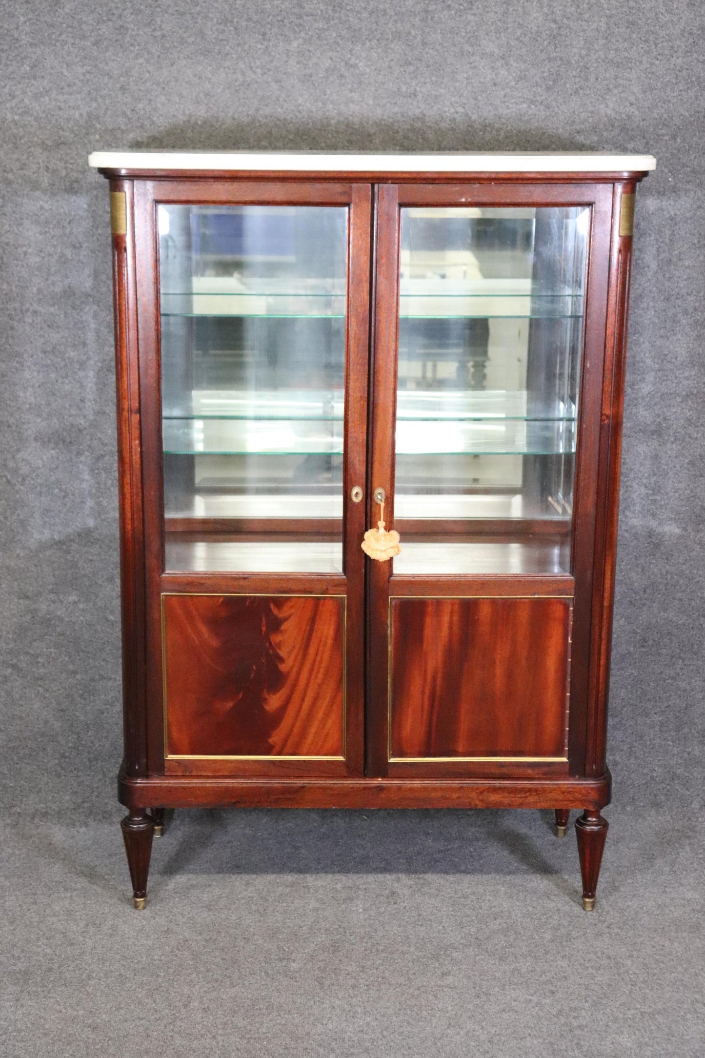 Petite Lighted French Flame Mahogany Louis XVI Directoire Vitrine Marble Top